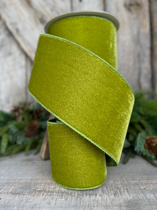 4" Lime Green Velvet Ribbon, Farrisilk Ribbon, Christmas Velvet Ribbon, Moss Green Velvet Ribbon, Moss Ribbon, RV003-61