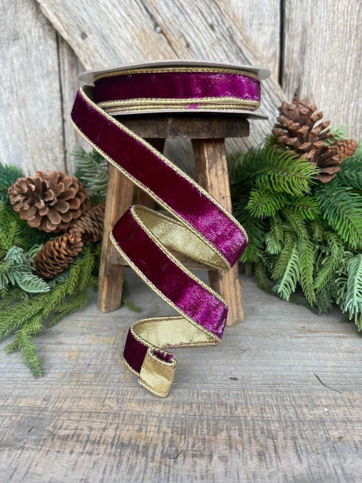 1" Purple Flashy Velvet, Farrisilk Ribbon, Wired Ribbon, Purple Velvet Ribbon, Purple and Gold Velvet, Christmas Ribbon, RK466-27