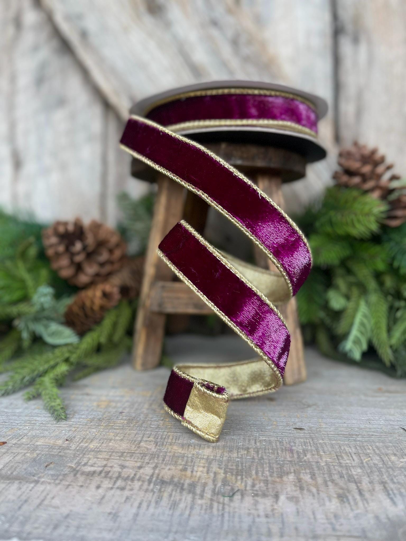 1" Purple Flashy Velvet, Farrisilk Ribbon, Wired Ribbon, Purple Velvet Ribbon, Purple and Gold Velvet, Christmas Ribbon, RK466-27