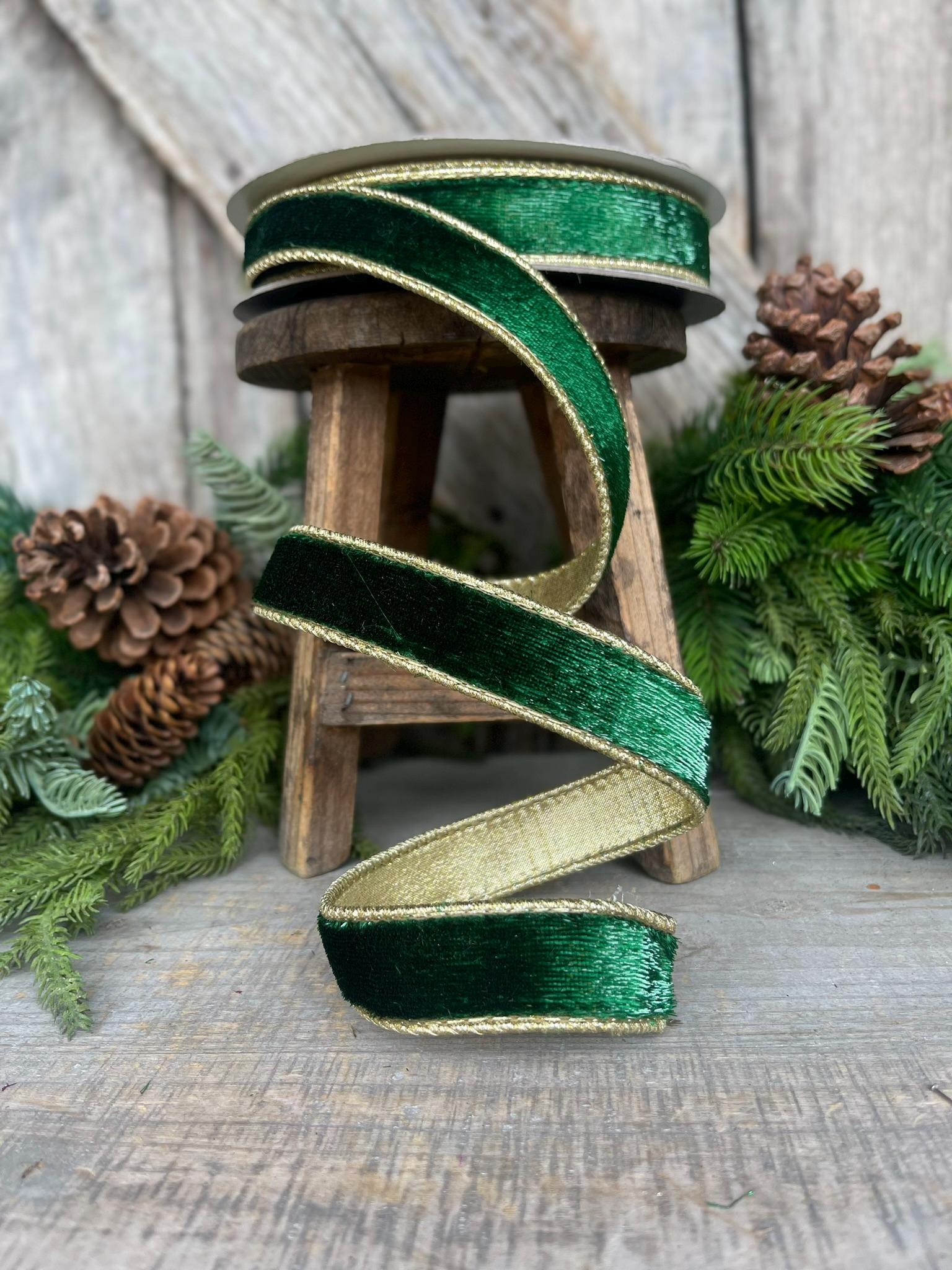 1" Emerald and Gold Velvet Sheen Ribbon, Green Velvet Ribbon, Wired Ribbon, Christmas Ribbon, Christmas Decor, 1 inch Velvet Ribbon,RK466-55