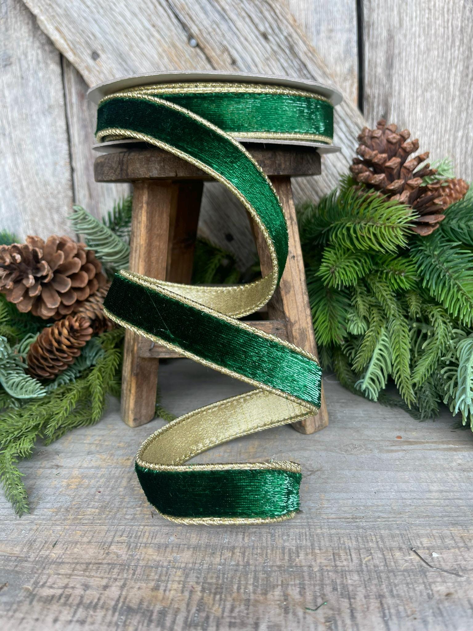 1" Emerald and Gold Velvet Sheen Ribbon, Green Velvet Ribbon