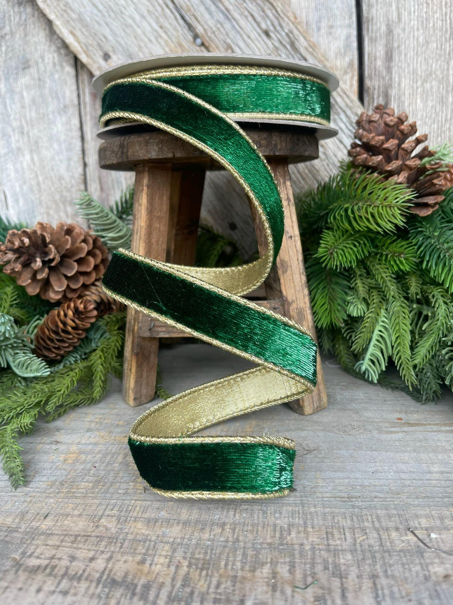 1" Emerald and Gold Velvet Sheen Ribbon, Green Velvet Ribbon