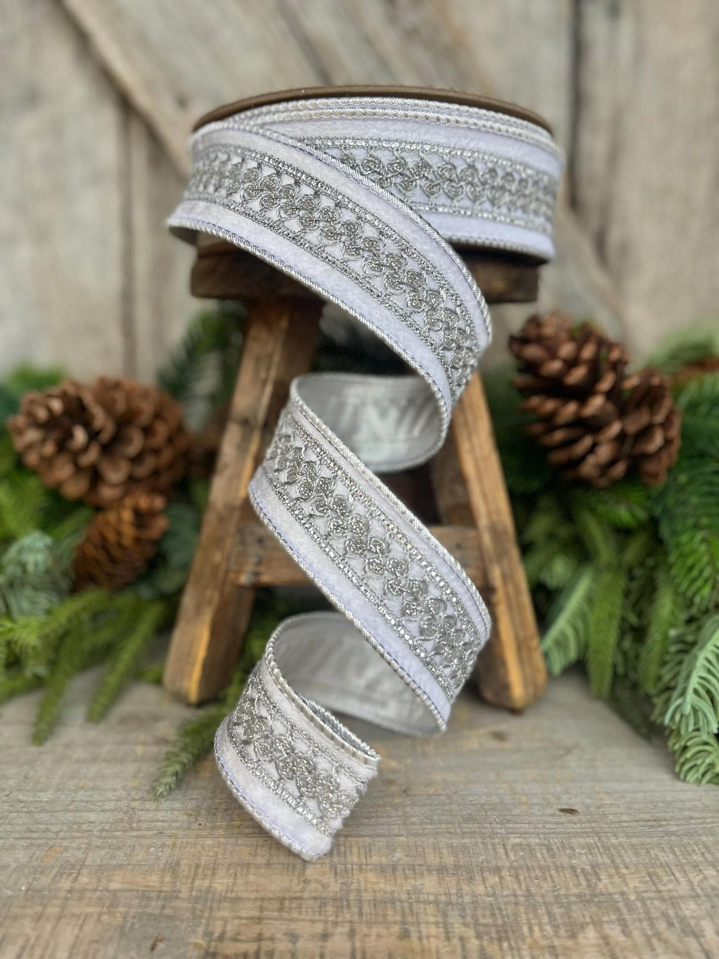 1.5" White Silver Trim Ribbon, White Jeweled RIbbon