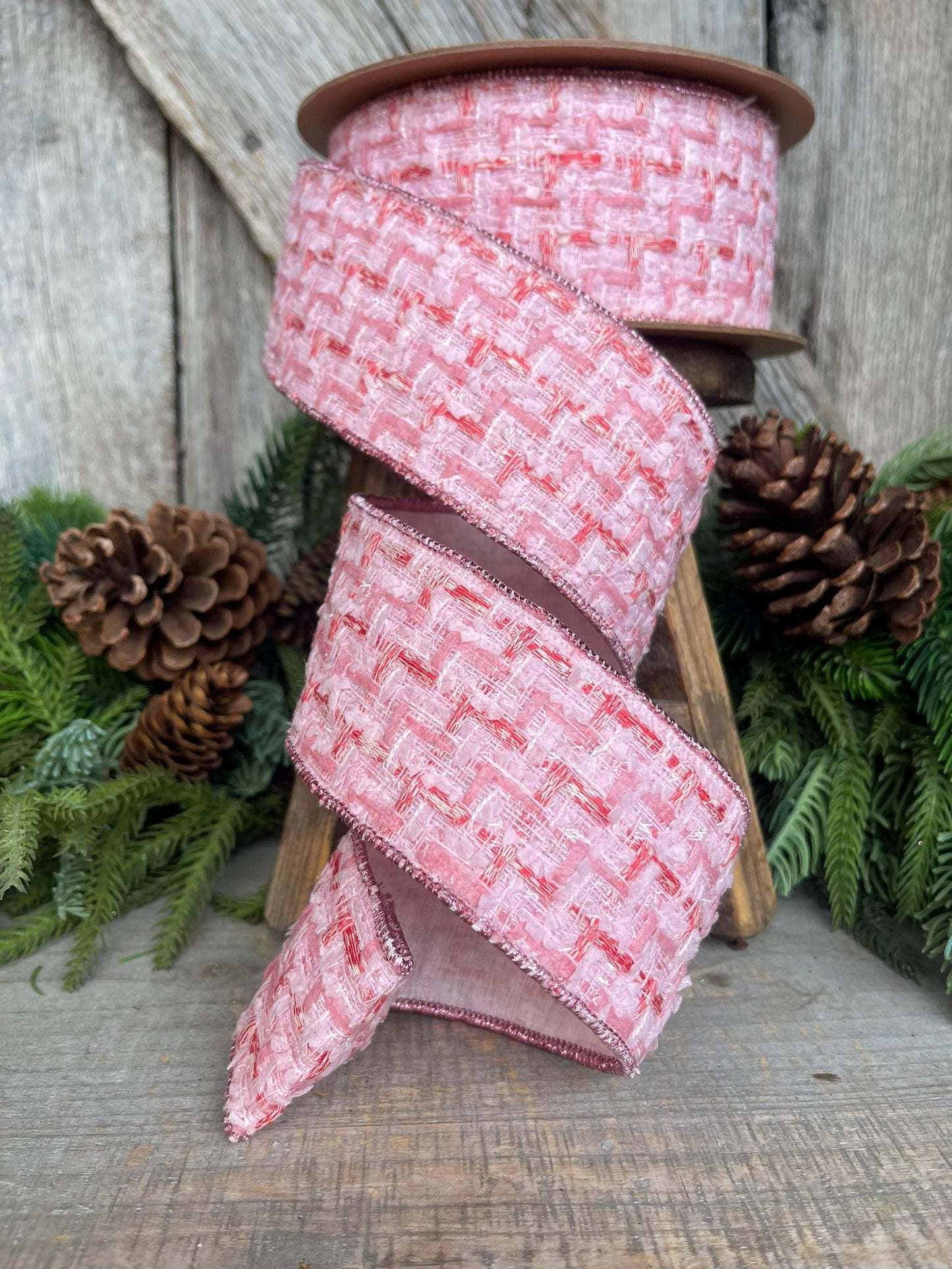 2.5" Pink Tweed Ribbon, Pink Christmas Ribbon, Designer Ribbon, Pink Christmas Tree Ribbon, Pink Tweed Design Inspired RIbbon