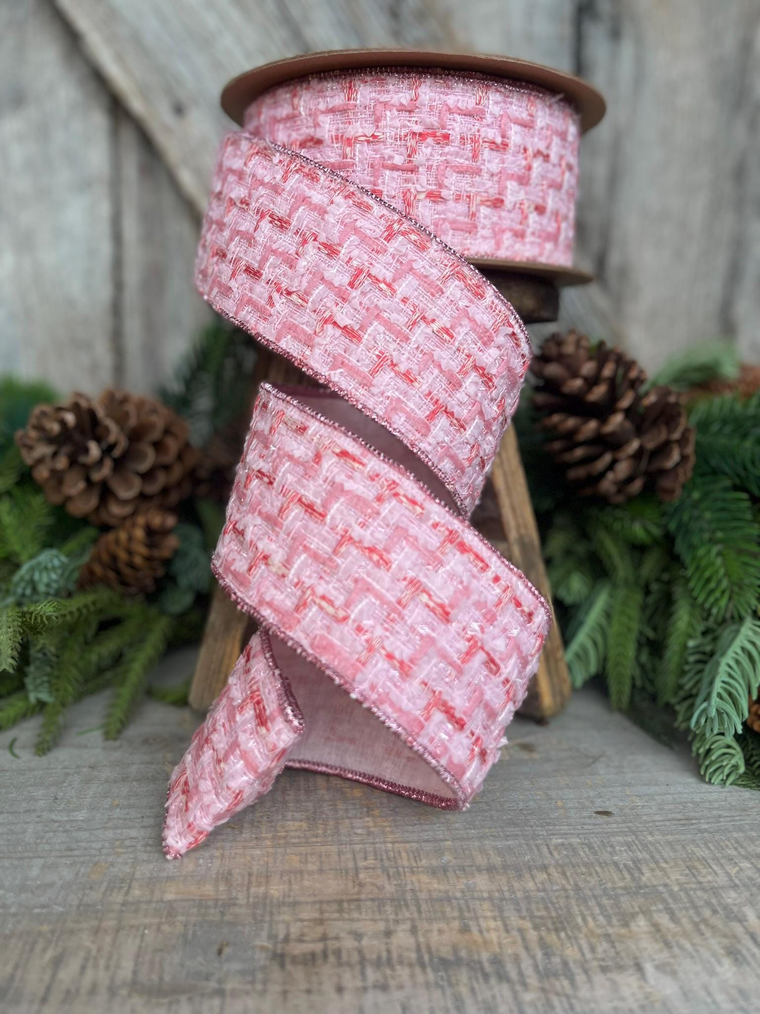 2.5" Pink Tweed Ribbon, Pink Christmas Ribbon, Designer Ribbon, Pink Christmas Tree Ribbon, Pink Tweed Design Inspired RIbbon