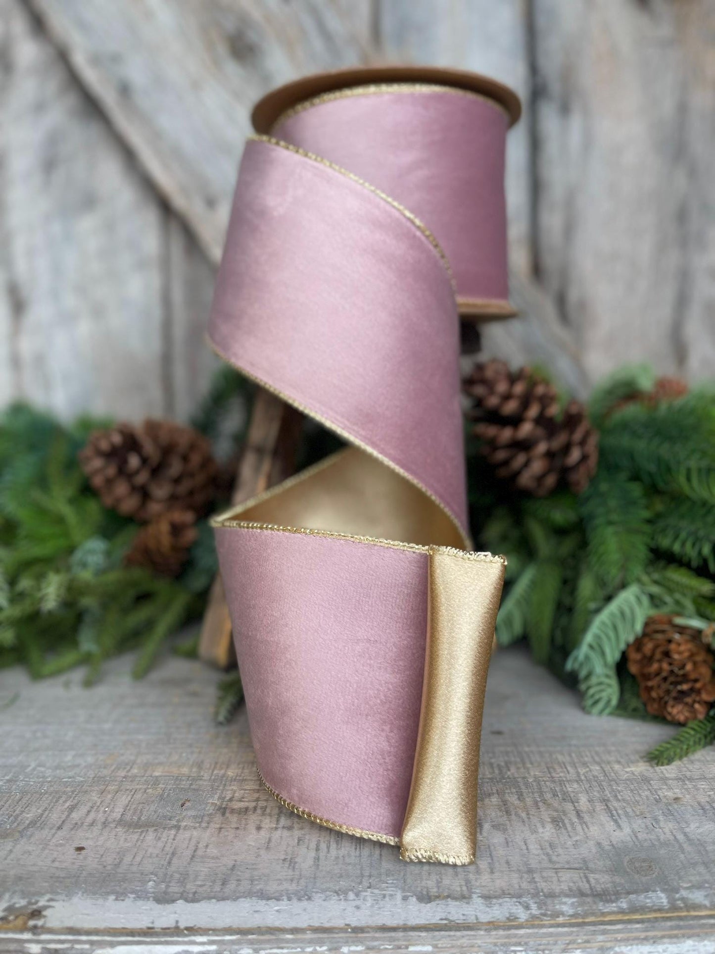 4" Dusty Pink Velvet Ribbon, Pink & Gold Velvet Ribbon