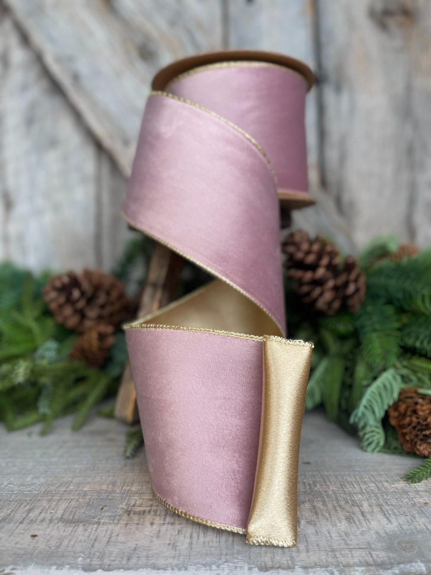 4" Dusty Pink Velvet Ribbon, Pink & Gold Velvet Ribbon