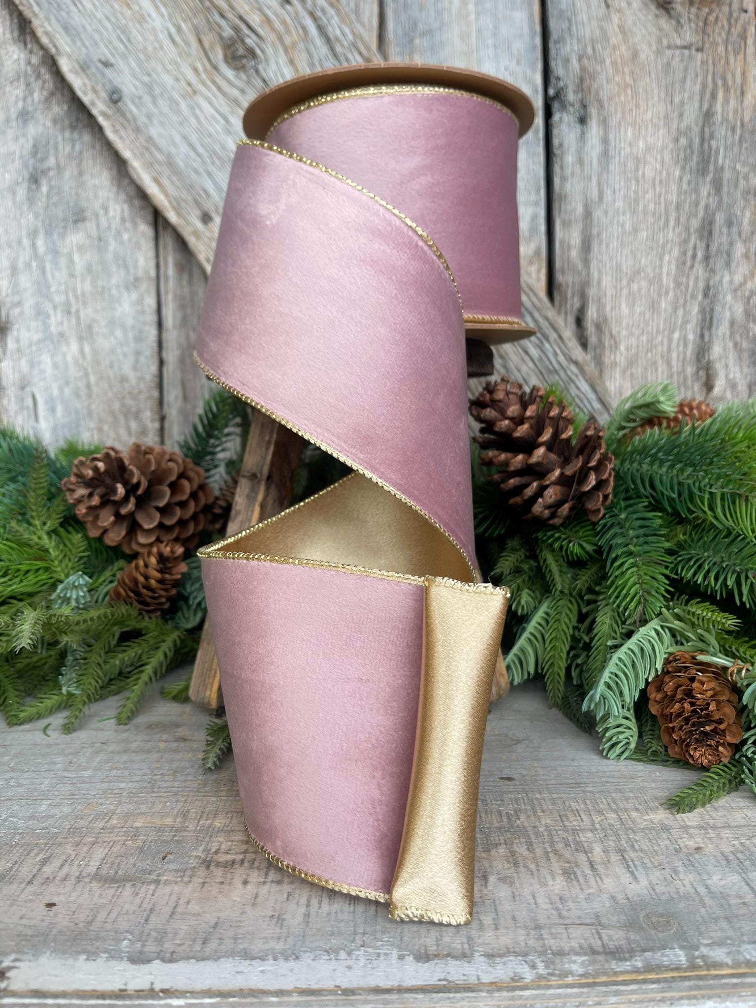 4" Dusty Pink Velvet Ribbon, Pink & Gold Velvet Ribbon