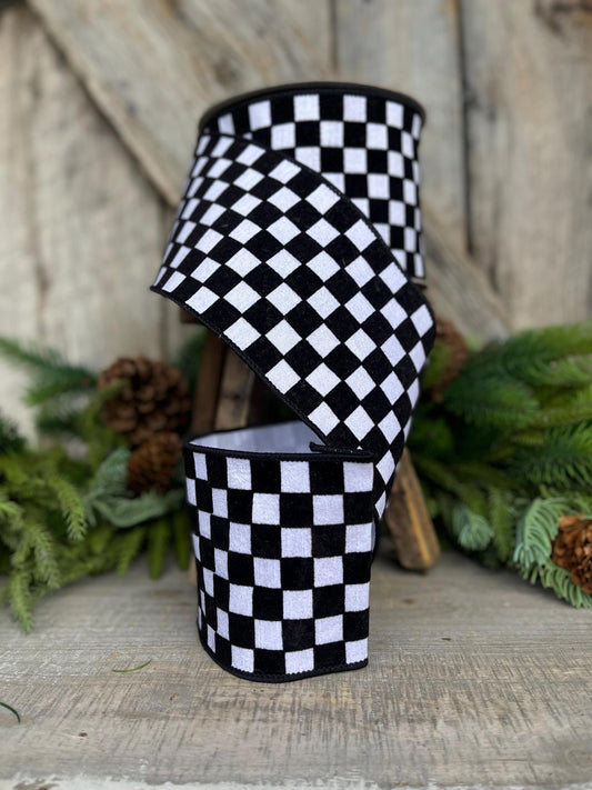 4" Black and White Retro Checks Ribbon, Farrisilk Ribbon