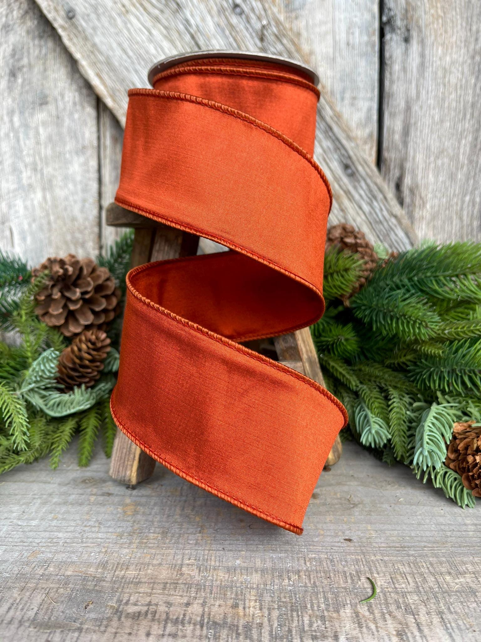 2.5" Orange Cinnamon Taffeta Ribbon, Farrisilk Ribbon, Wired Ribbon, Fall Ribbon, Fall Wreath Supply, Designer Ribbon, Rusted Orange Ribbon