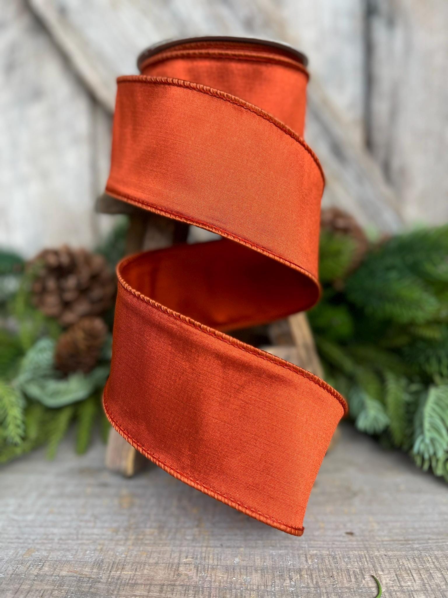 2.5" Orange Cinnamon Taffeta Ribbon, Farrisilk Ribbon, Wired Ribbon, Fall Ribbon, Fall Wreath Supply, Designer Ribbon, Rusted Orange Ribbon