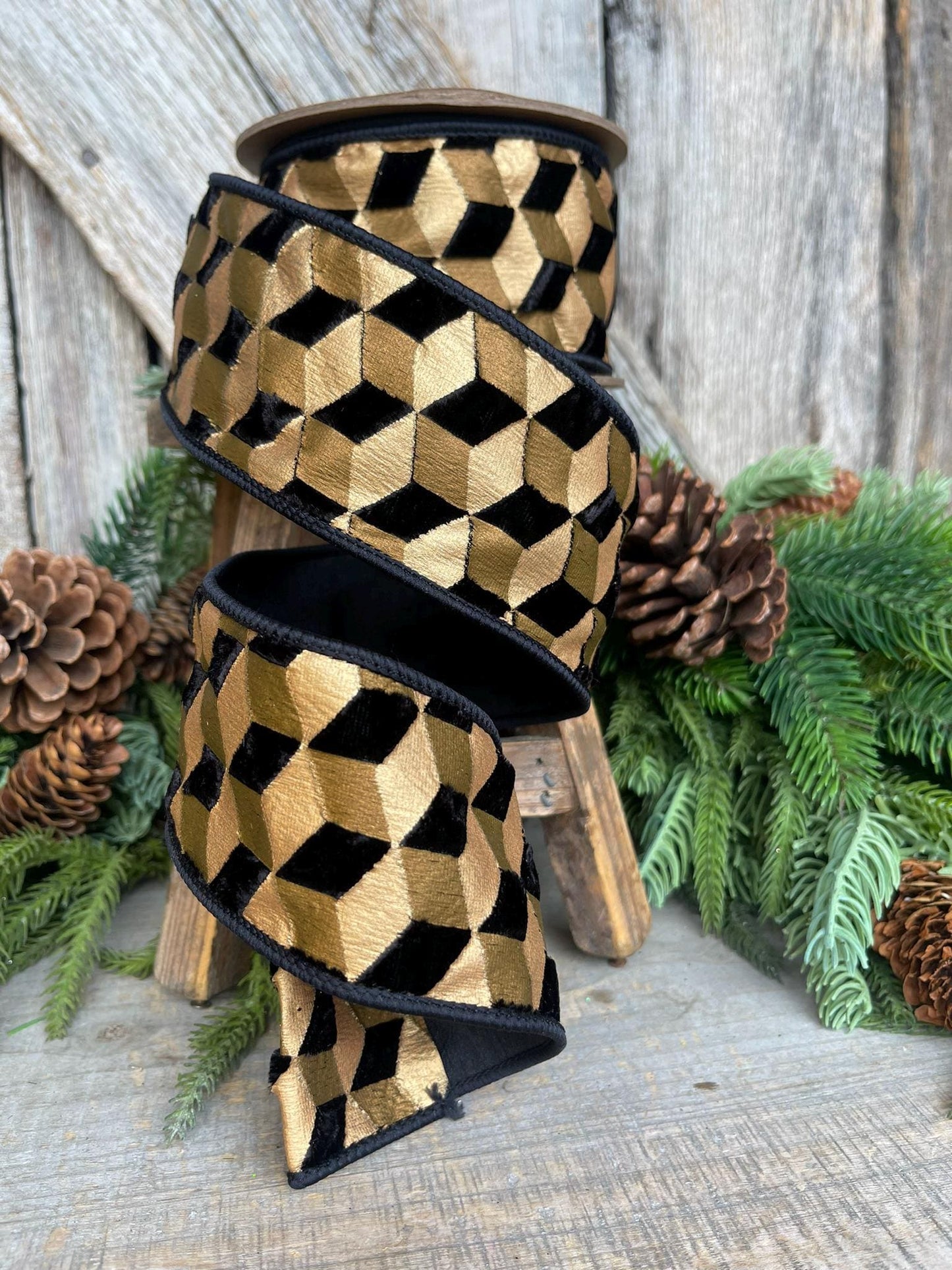 2.5" Black Gold Geometric Velvet Ribbon, Christmas Tree Ribbon Black Gold Ribbon, Wired Ribbon, Designer Ribbon, Velvet Ribbon, Christmas