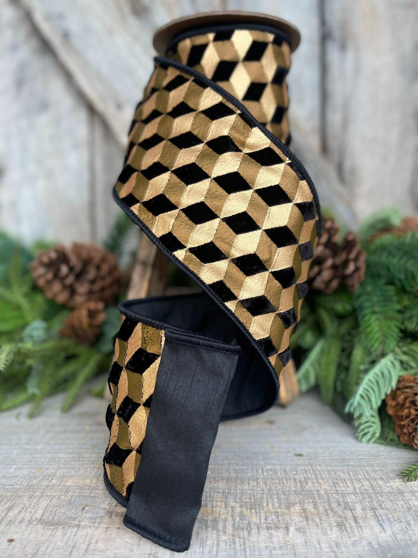 4" Black Gold Geometric Velvet Ribbon, Christmas Tree Ribbon Black Gold Ribbon