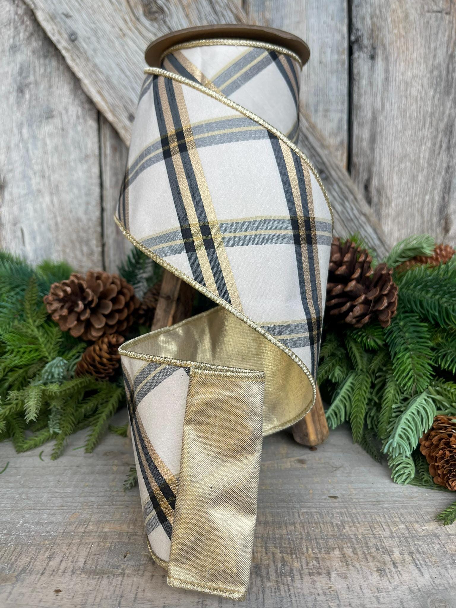 4" Ivory Black Gold Plaid Ribbon, Christmas Ribbon