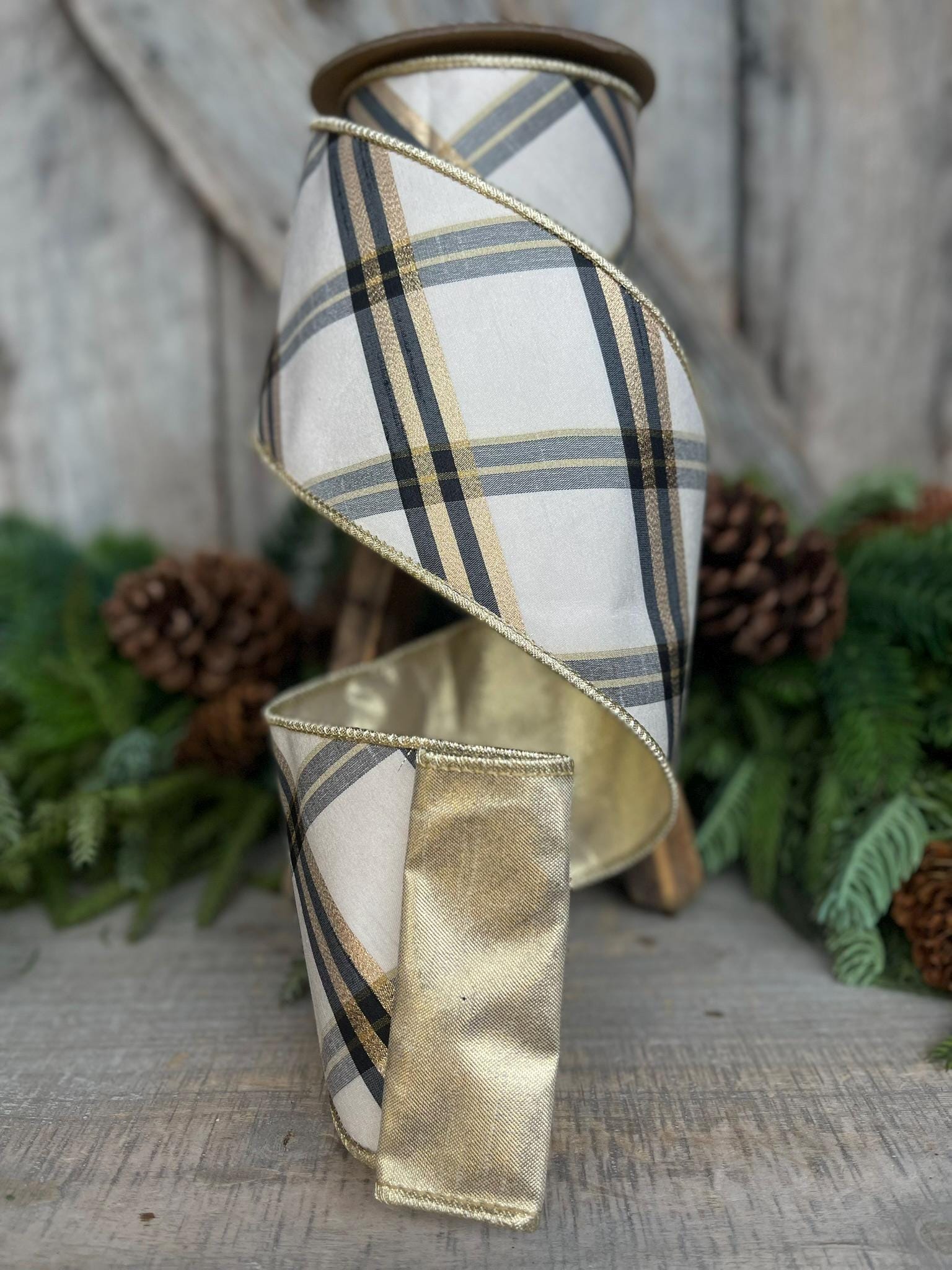 4" Ivory Black Gold Plaid Ribbon, Christmas Ribbon