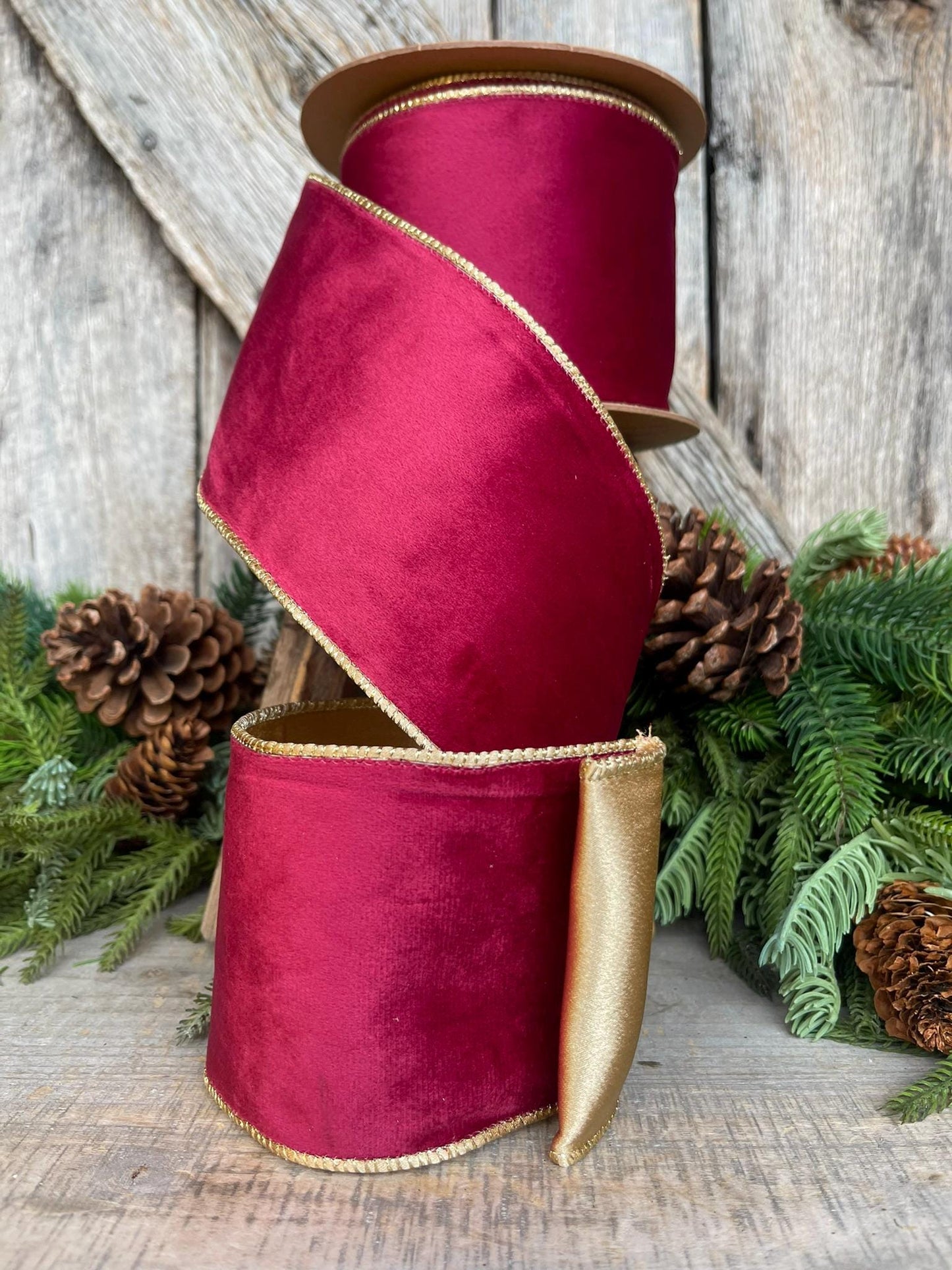 4" Burgundy Gold Velvet Ribbon, Burgundy Velvet Ribbon