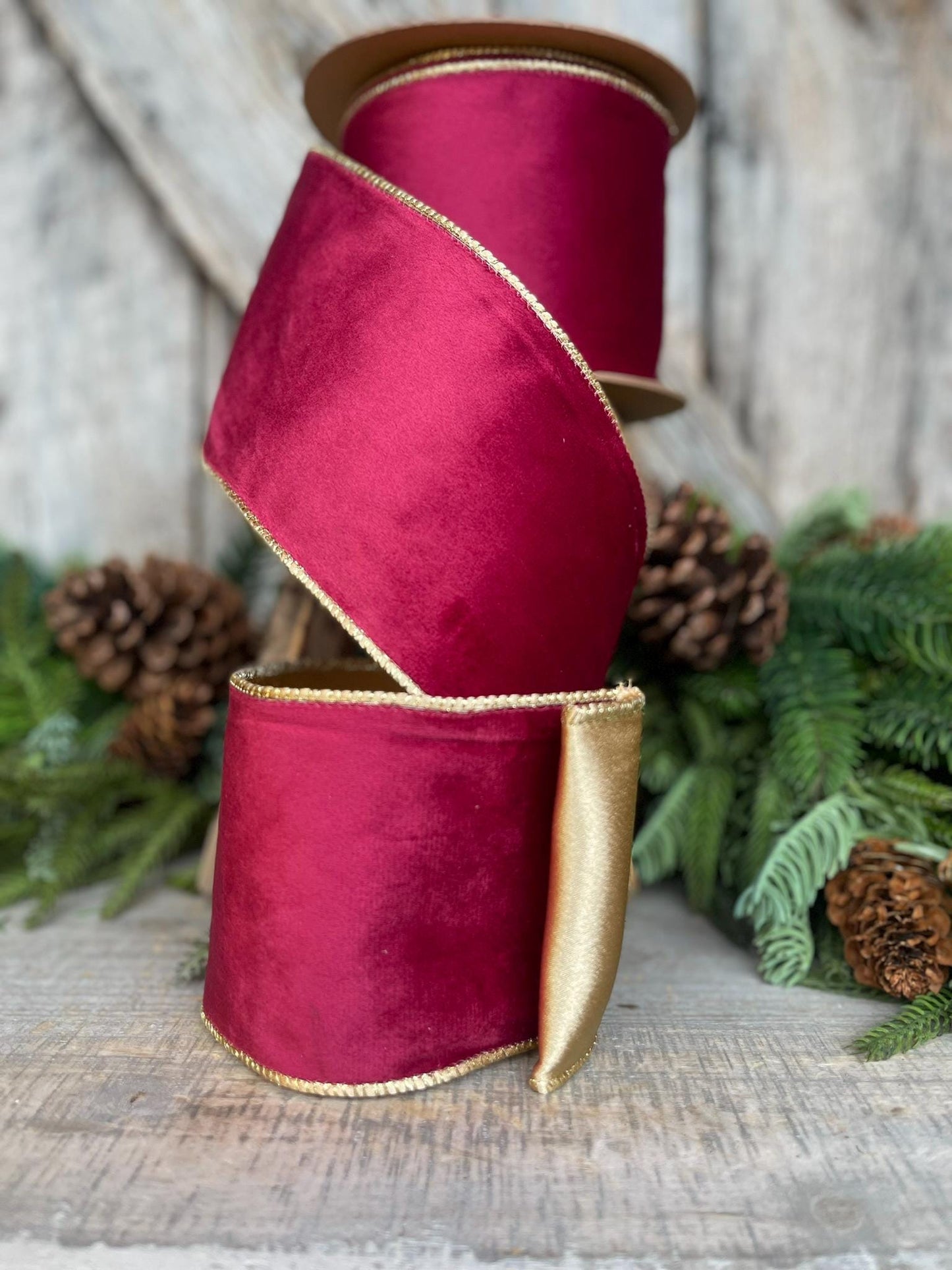 4" Burgundy Gold Velvet Ribbon, Burgundy Velvet Ribbon