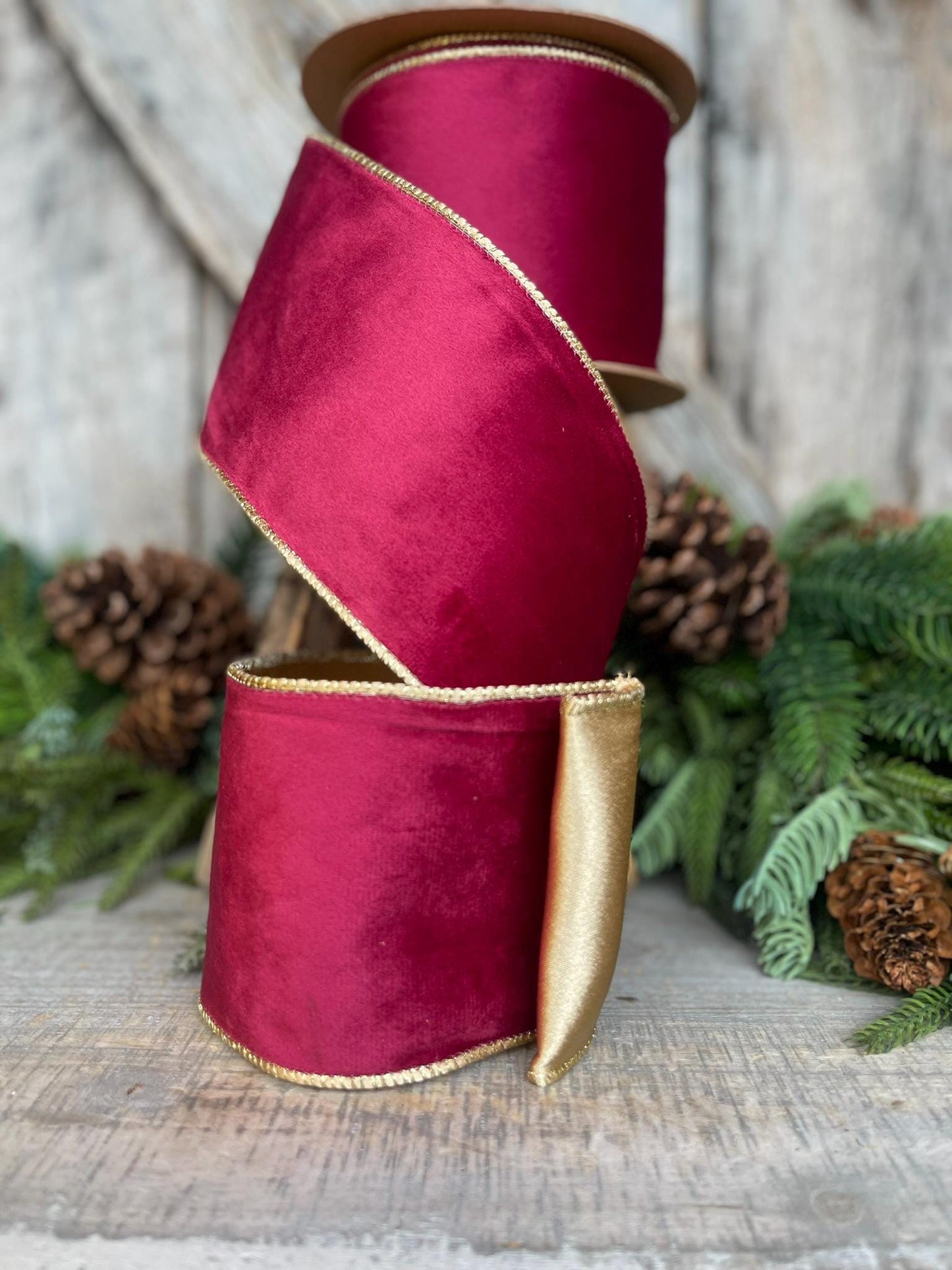 4" Burgundy Gold Velvet Ribbon, Burgundy Velvet Ribbon