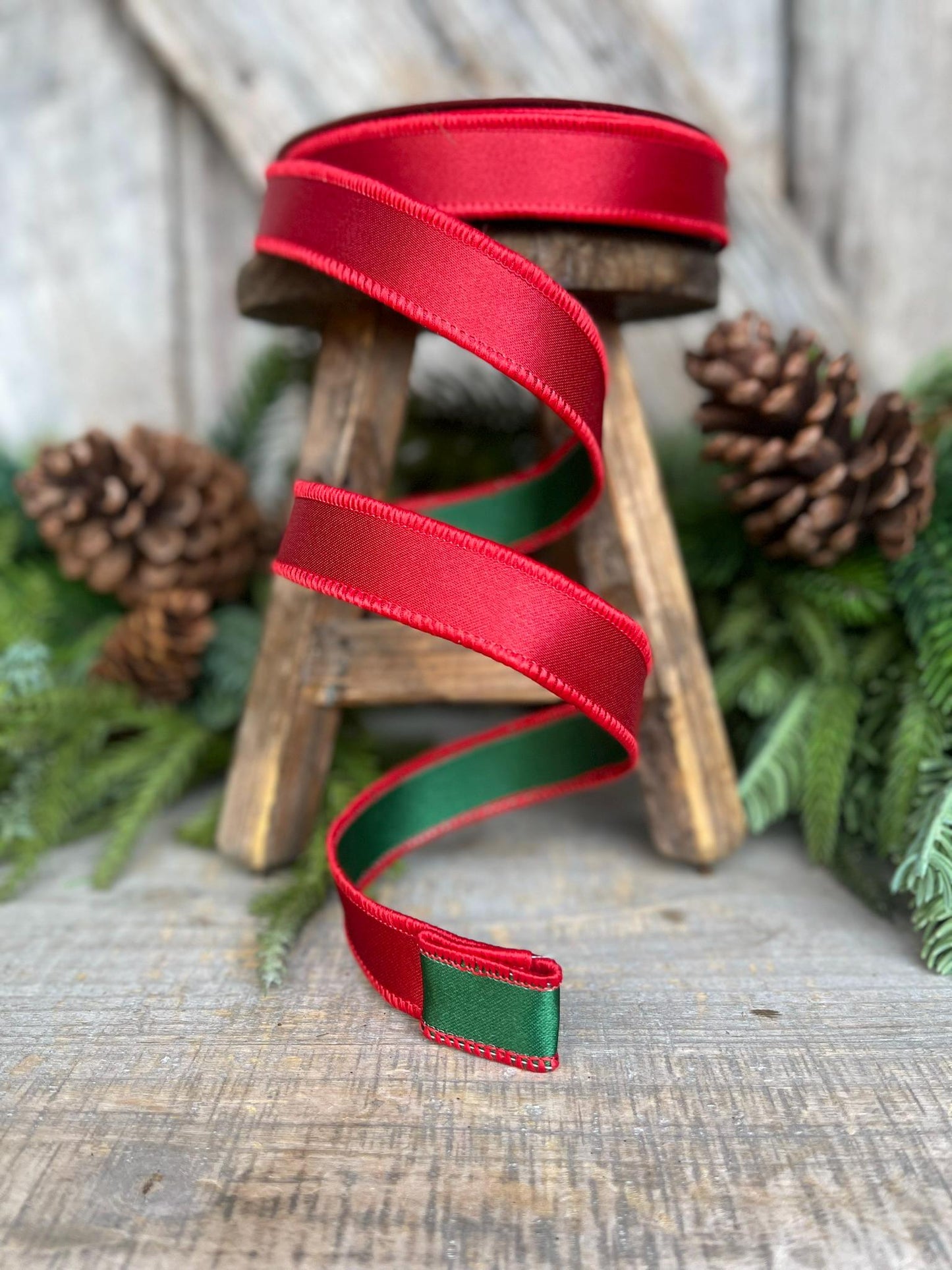 1" Red Green Satin Duo Ribbon, Farrisilk Ribbon, Christmas Ribbon, Double Sided Ribbon, Wired RIbbon, Designer Ribbon, RS162-48