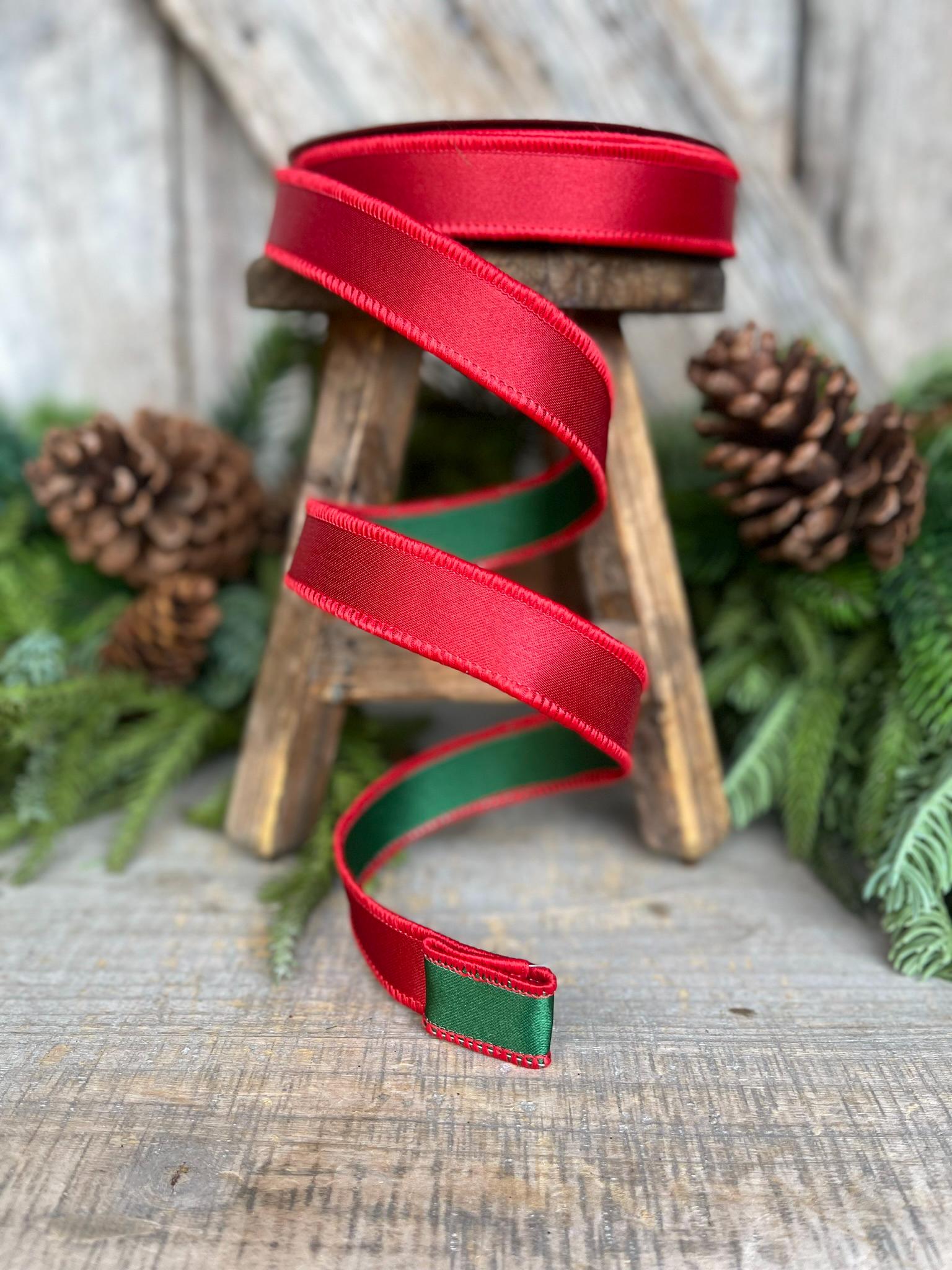 1" Red Green Satin Duo Ribbon, Farrisilk Ribbon, Christmas Ribbon, Double Sided Ribbon, Wired RIbbon, Designer Ribbon, RS162-48