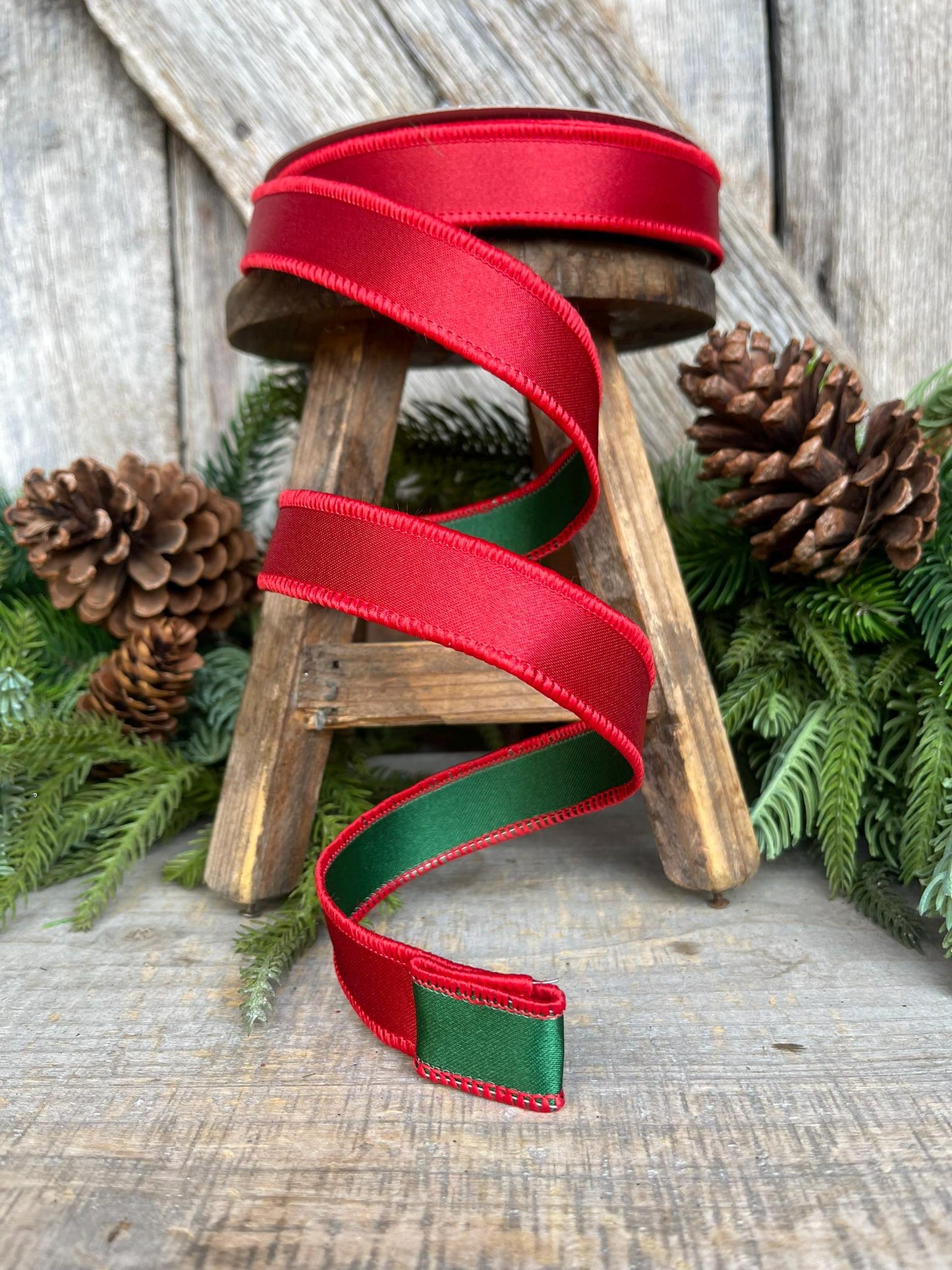 1" Red Green Satin Duo Ribbon, Farrisilk Ribbon, Christmas Ribbon, Double Sided Ribbon, Wired RIbbon, Designer Ribbon, RS162-48