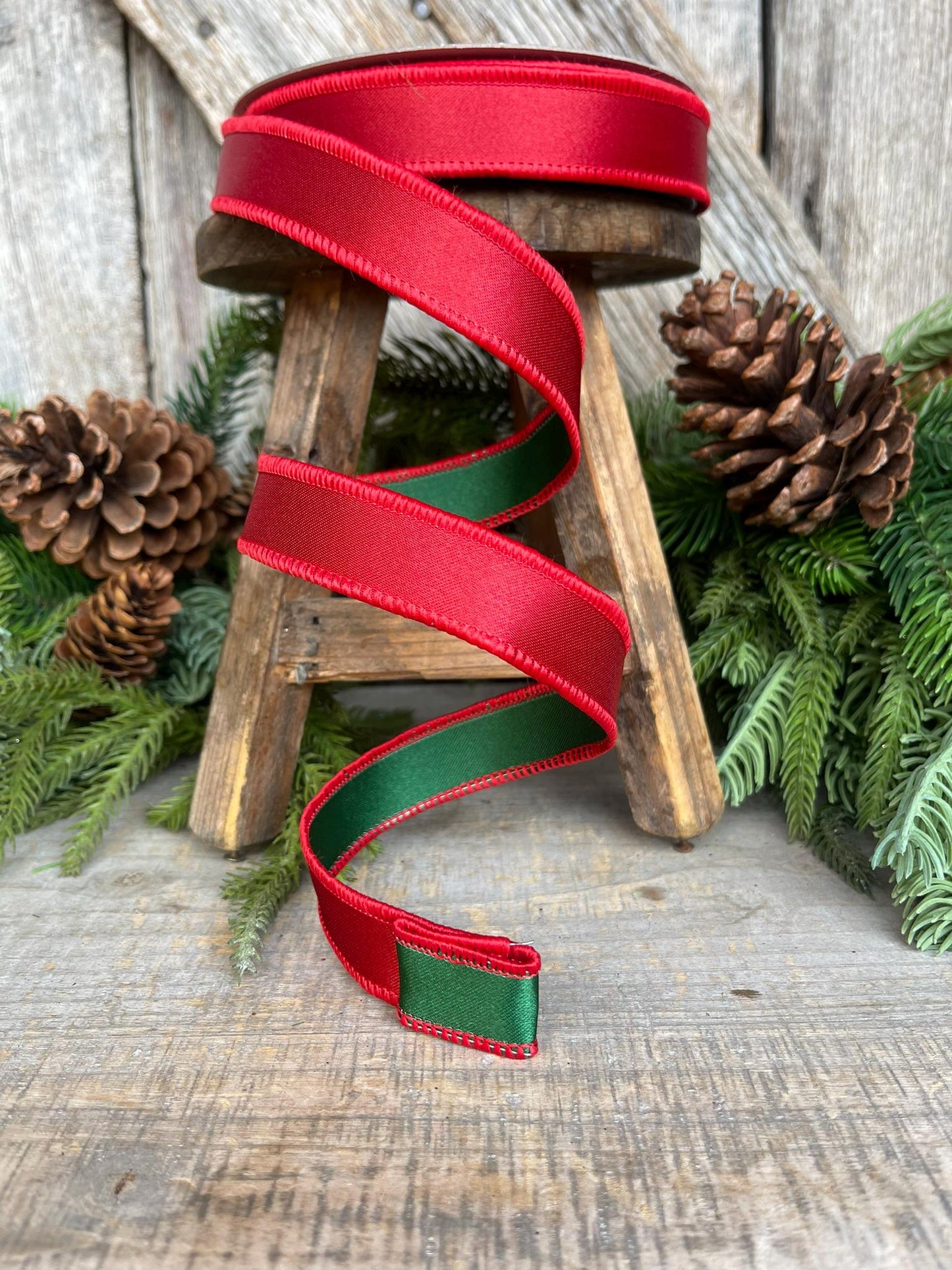 1" Red Green Satin Duo Ribbon, Farrisilk Ribbon, Christmas Ribbon, Double Sided Ribbon, Wired RIbbon, Designer Ribbon, RS162-48