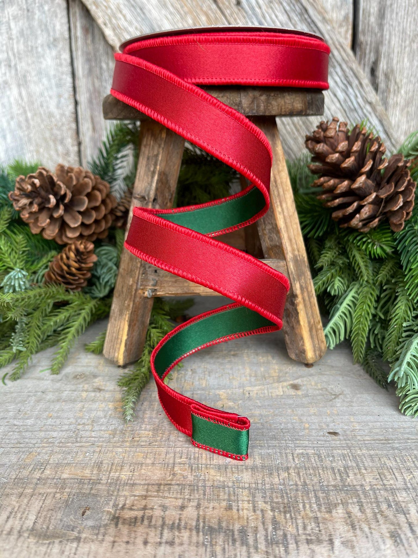 1" Red Green Satin Duo Ribbon, Farrisilk Ribbon, Christmas Ribbon, Double Sided Ribbon, Wired RIbbon, Designer Ribbon, RS162-48