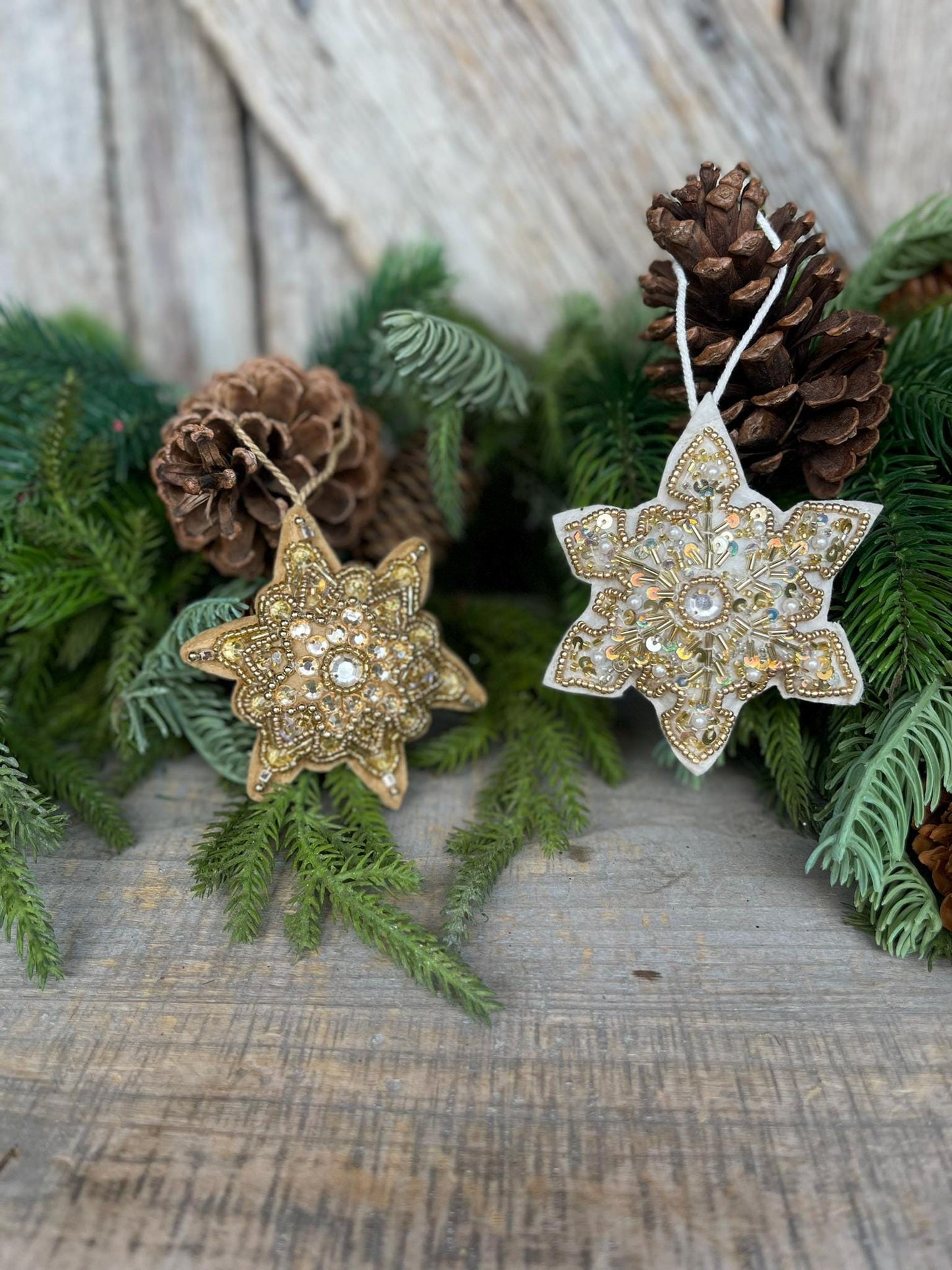 Set of 2 Gold Embroidered Ornaments, 4" Gold Ornaments, Star Ornaments, Gold Christmas Tree Ornaments, Gold Star Ornaments