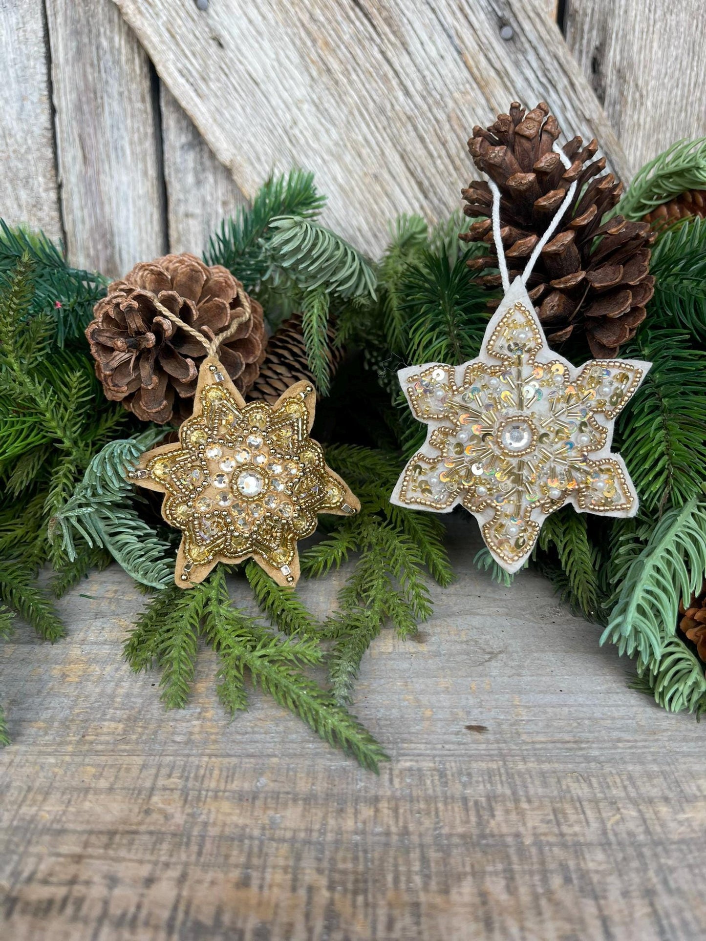 Set of 2 Gold Embroidered Ornaments, 4" Gold Ornaments, Star Ornaments, Gold Christmas Tree Ornaments, Gold Star Ornaments