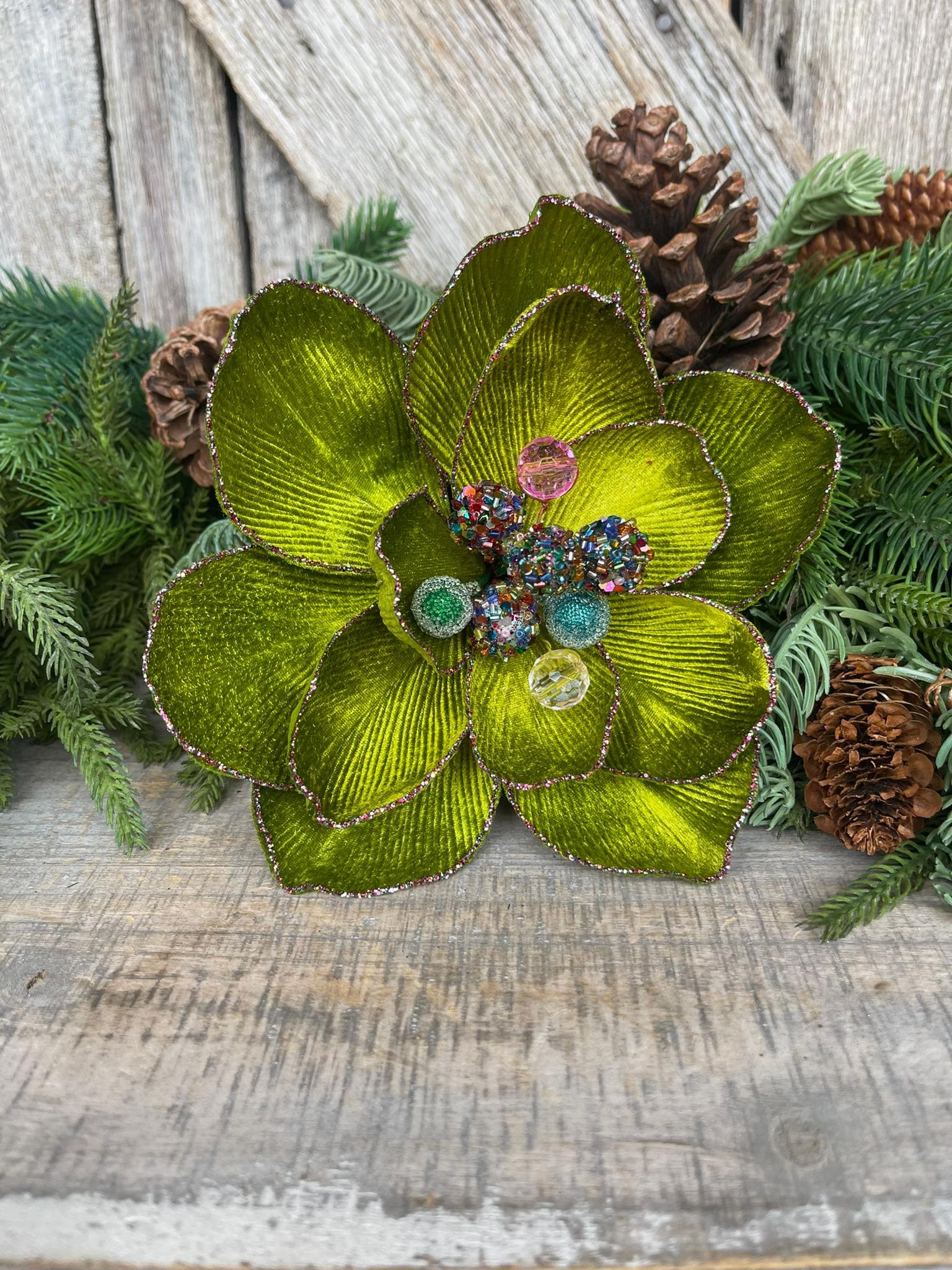 8" Lime Green Magnolia, Christmas Magnolia, Faux Magnolia Stem, Glitz Magnolia, Green Christmas Floral, Christmas Tree Floral, FW337-61