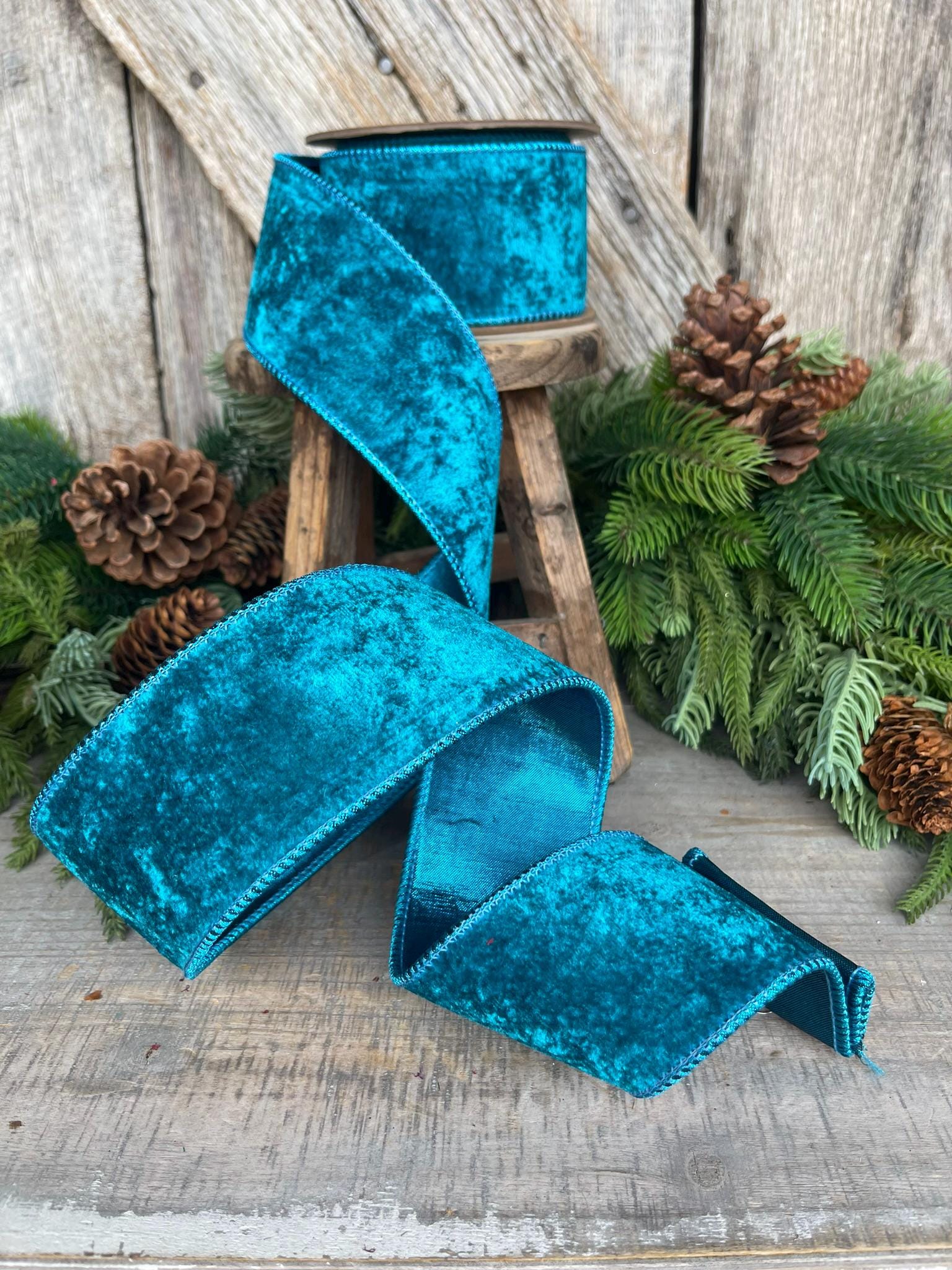 2.5" Teal Velvet RIbbon, Turquoise Velvet Ribbon, Velvet RIbbon, Wired RIbbon, Designer RIbbon, Velvet Ribbon, Christmas Velvet, Jewel Tone