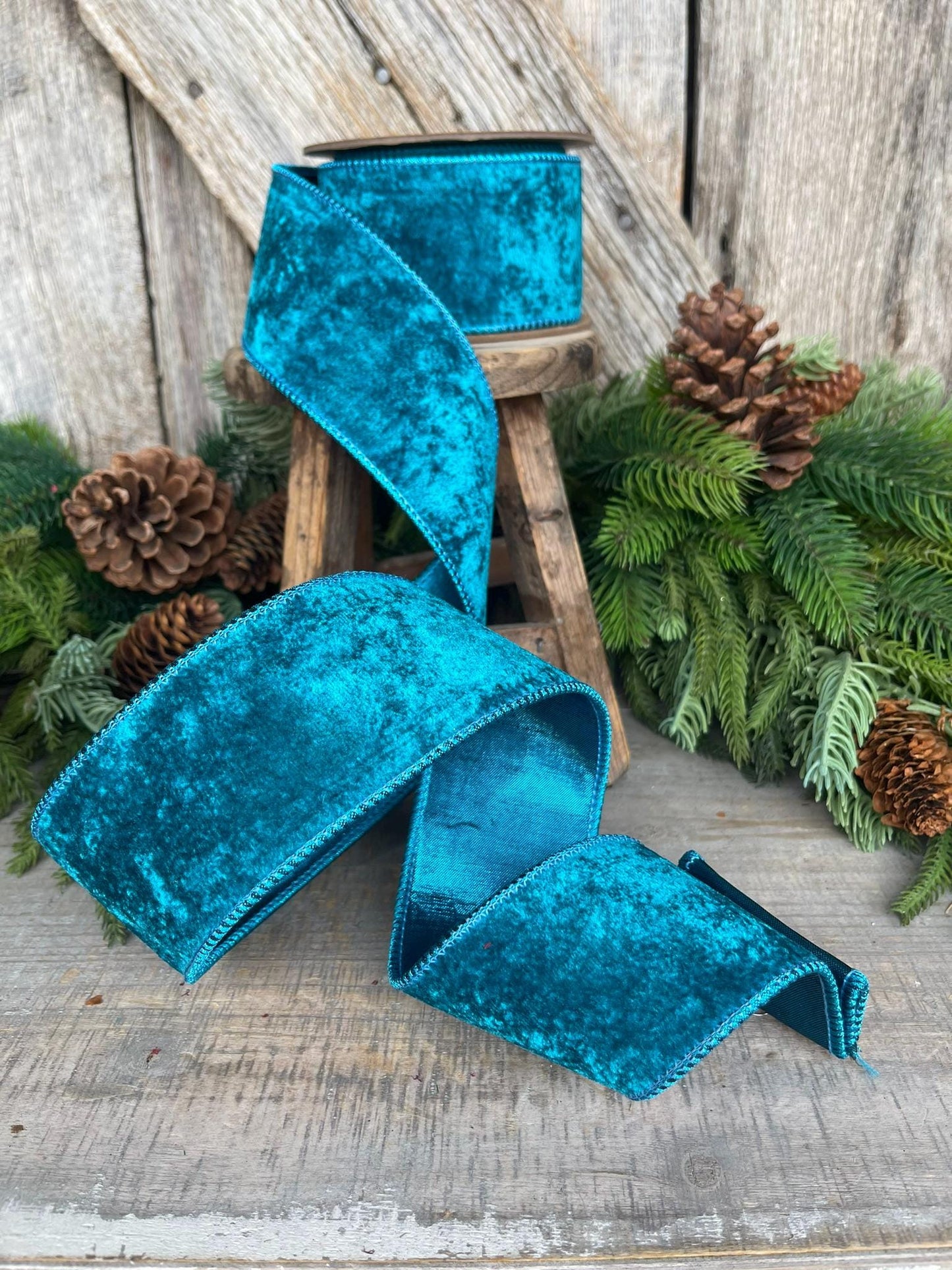 2.5" Teal Velvet RIbbon, Turquoise Velvet Ribbon, Velvet RIbbon, Wired RIbbon, Designer RIbbon, Velvet Ribbon, Christmas Velvet, Jewel Tone