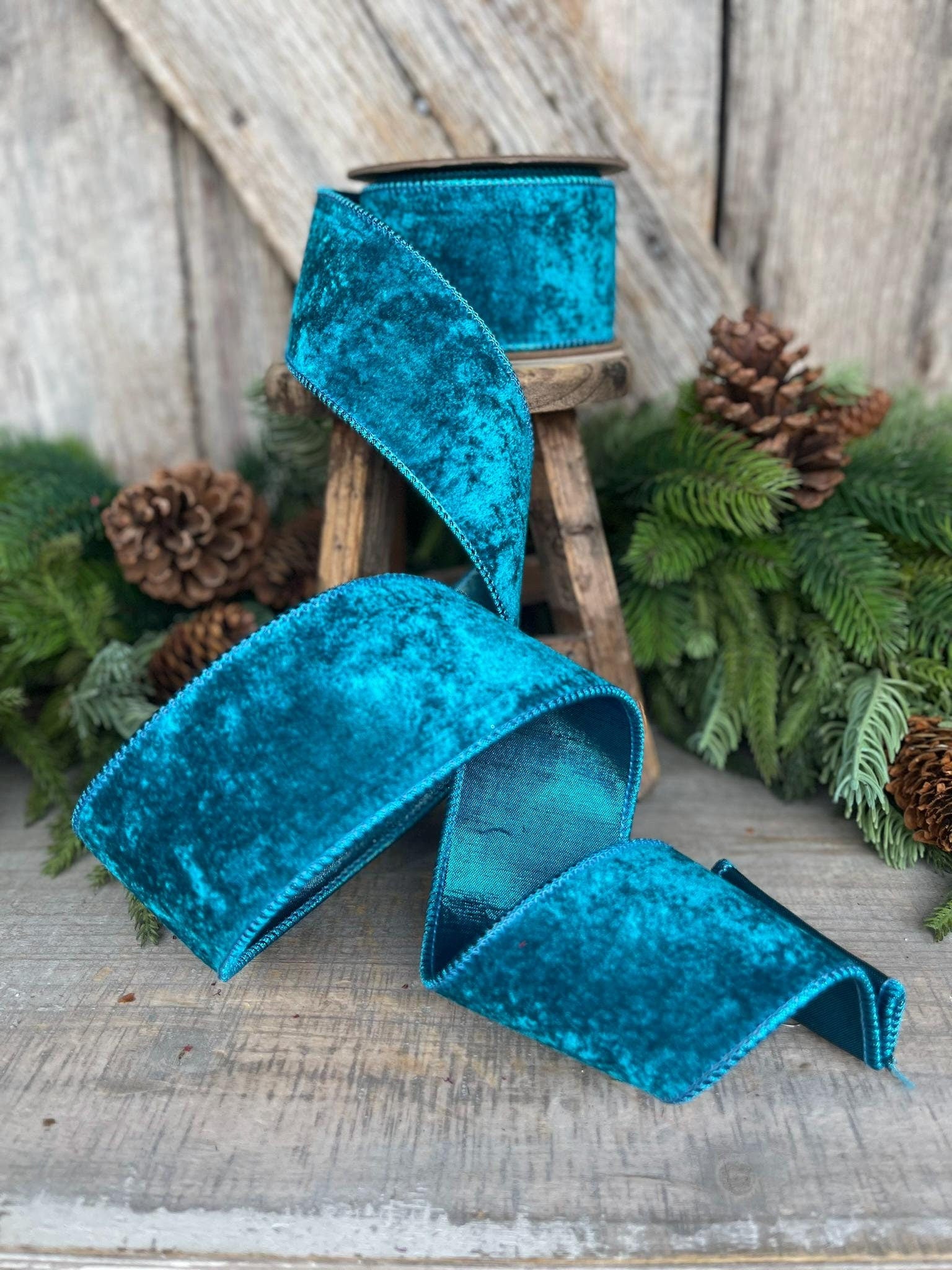 2.5" Teal Velvet RIbbon, Turquoise Velvet Ribbon, Velvet RIbbon, Wired RIbbon, Designer RIbbon, Velvet Ribbon, Christmas Velvet, Jewel Tone