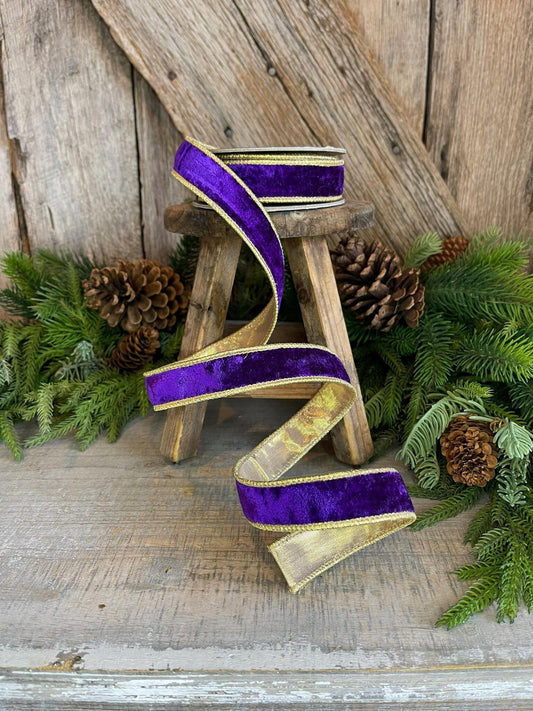 1" Purple Velvet Ribbon, Royal Purple Ribbon, Wired Ribbon, Purple Velvet Ribbon, Purple and Gold Velvet, Christmas Ribbon