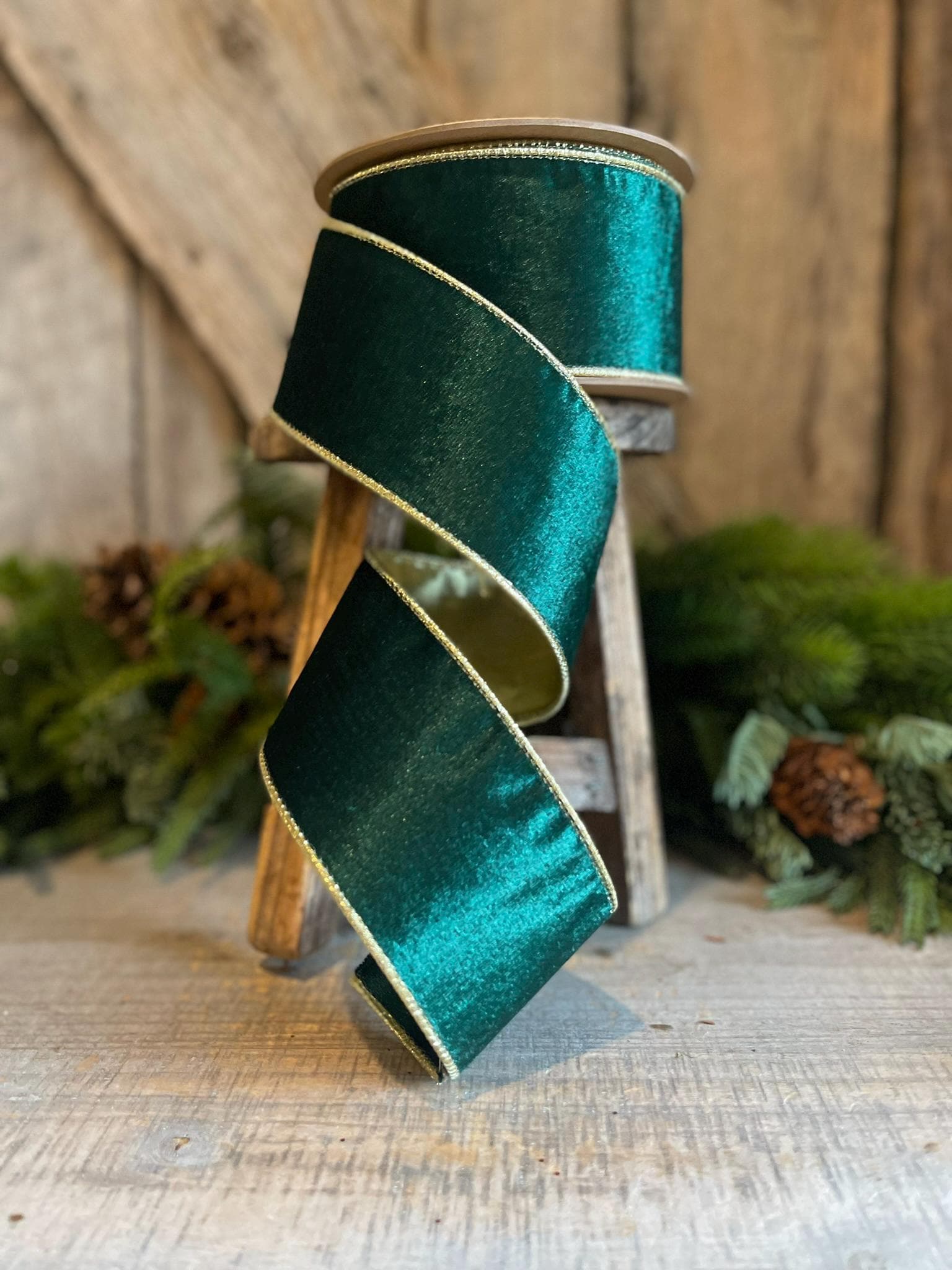 2.5" Emerald Green Gold Velvet, Velveteen Ribbon