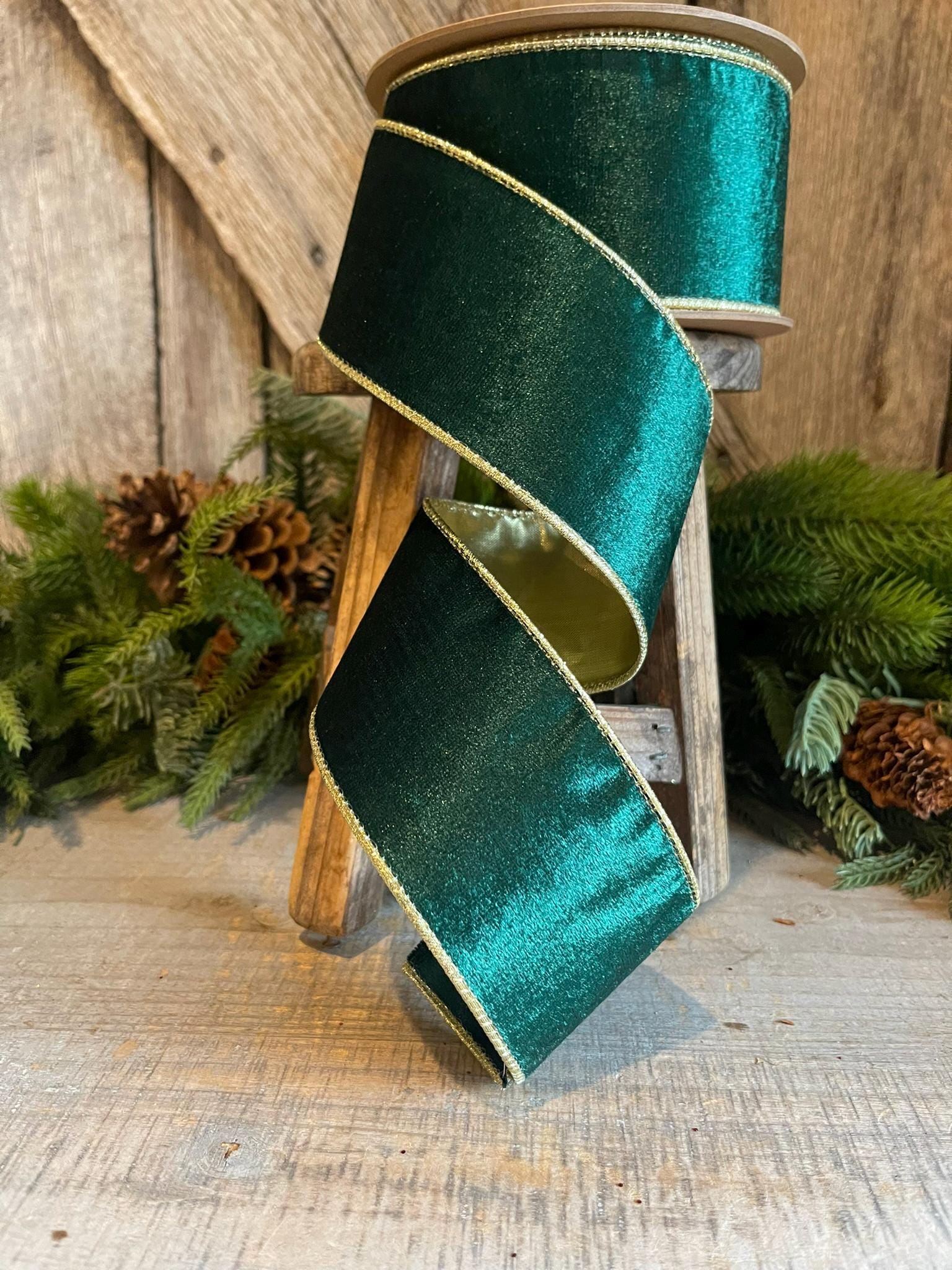 2.5" Emerald Green Gold Velvet, Velveteen Ribbon, Wired Ribbon, Green Velvet Ribbon, Green and Gold Velvet, Christmas Ribbon, Gift Wrap