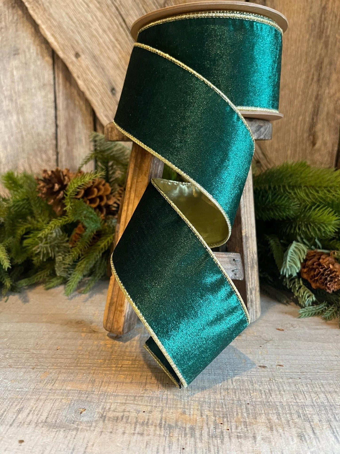 2.5" Emerald Green Gold Velvet, Velveteen Ribbon