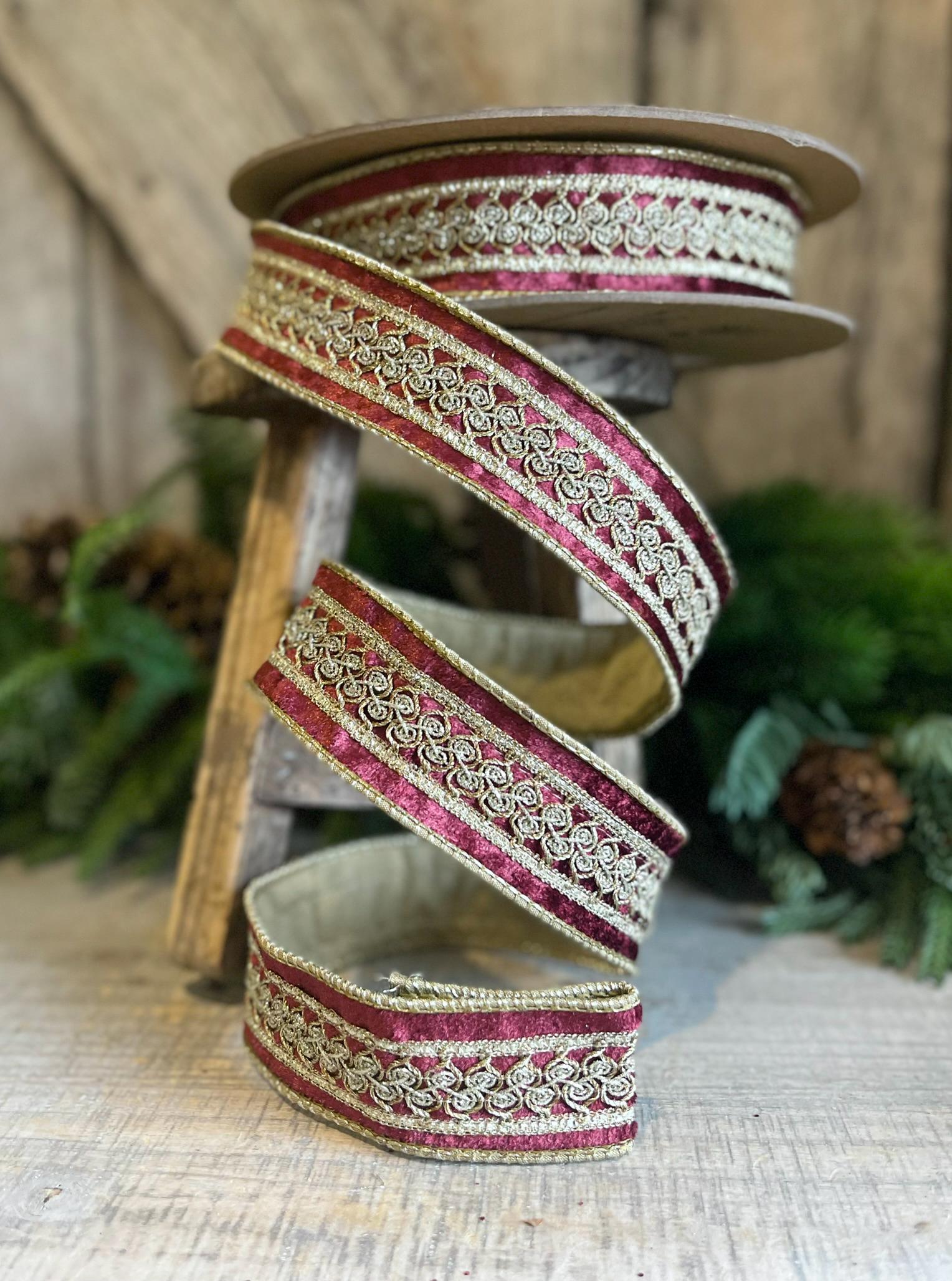 1.5" Burgundy Velvet Trim RIbbon, Red Christmas RIbbon, Burgundy Designer Ribbon, Burgundy Gold Embroidered Ribbon