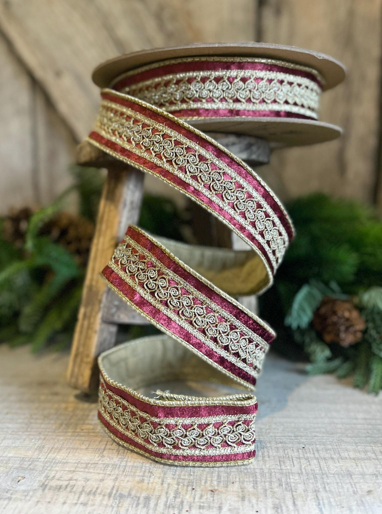 1.5" Burgundy Velvet Trim RIbbon, Red Christmas RIbbon