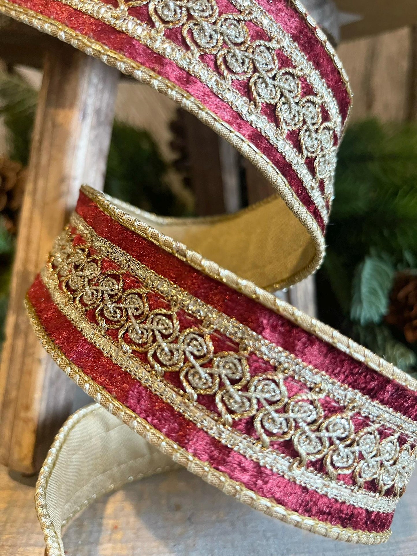 1.5" Burgundy Velvet Trim RIbbon, Red Christmas RIbbon, Burgundy Designer Ribbon, Burgundy Gold Embroidered Ribbon