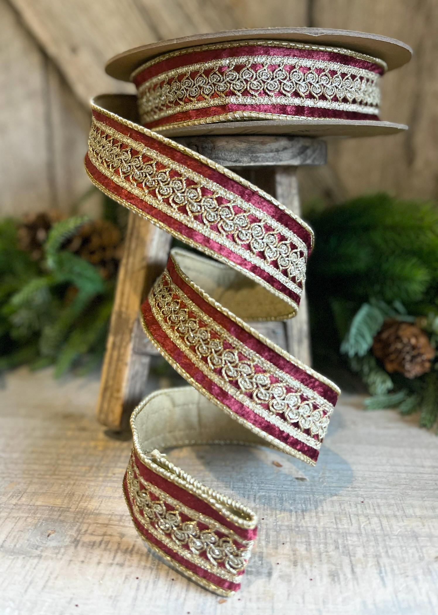 1.5" Burgundy Velvet Trim RIbbon, Red Christmas RIbbon, Burgundy Designer Ribbon, Burgundy Gold Embroidered Ribbon