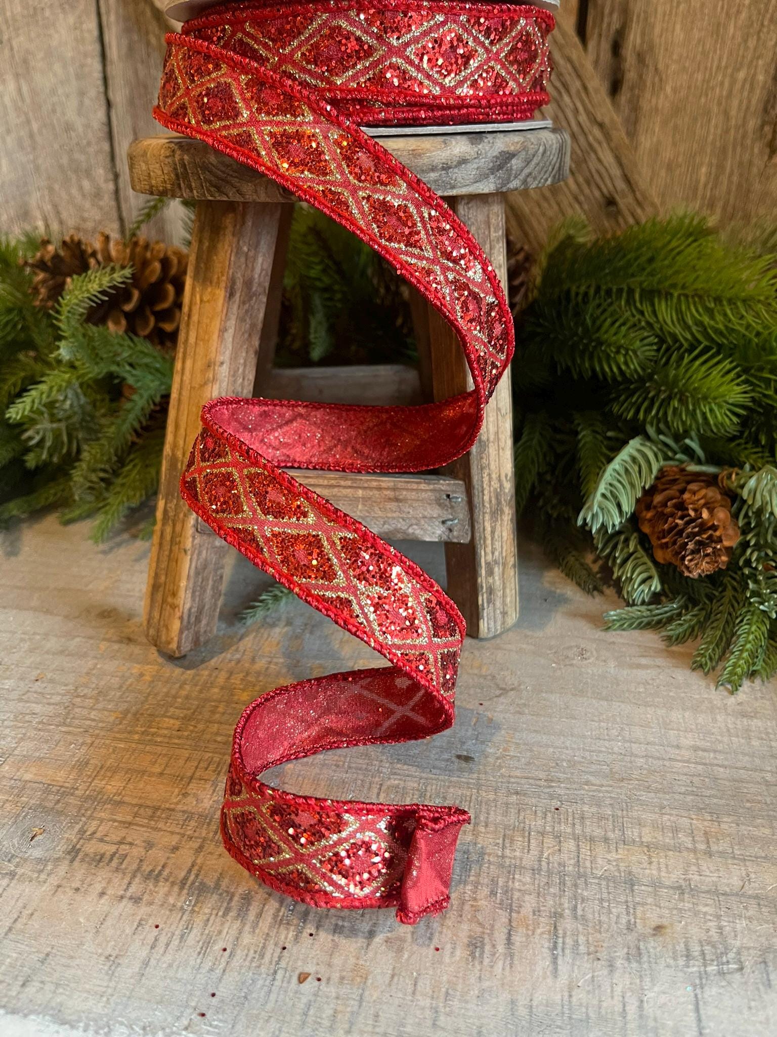 1" Red Gold MARQUISE DIAMOND Ribbon, Farrisilk Ribbon, Red Christmas Ribbon, Narrow Ribbon, Diamond Ribbon, Harlequin Ribbon, RK281-02