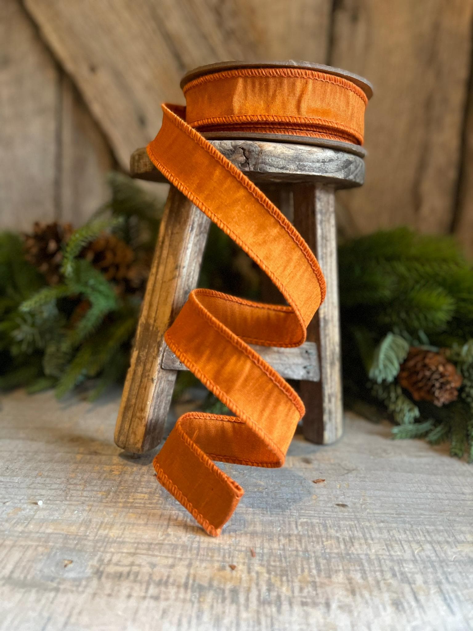 1" Orange Dupion Ribbon, Orange Rust Ribbon, Fall Ribbon, Christmas Ribbon, Narrow Ribbon, Wired RIbbon, Pumpkin colored