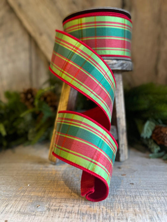 2.5" Red Green Plaid Wired RIbbon, Christmas Plaid Ribbon