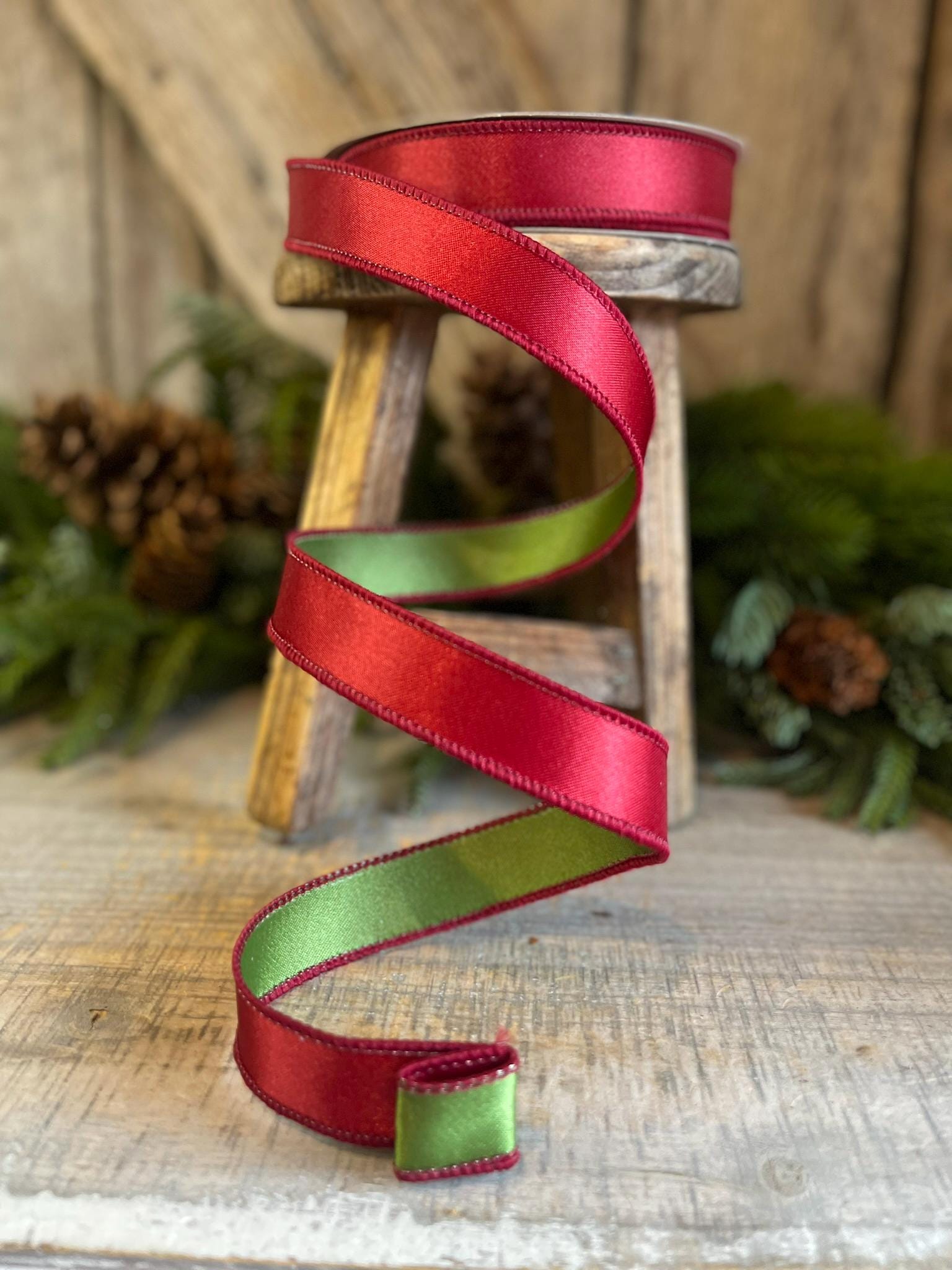 1" Ruby Green Satin Ribbon, Farrisilk Ribbon, Wired Ribbon, Christmas Ribbon, Ruby Red Ribbon, Ruby Forest Green Satin Duo, RS162-03