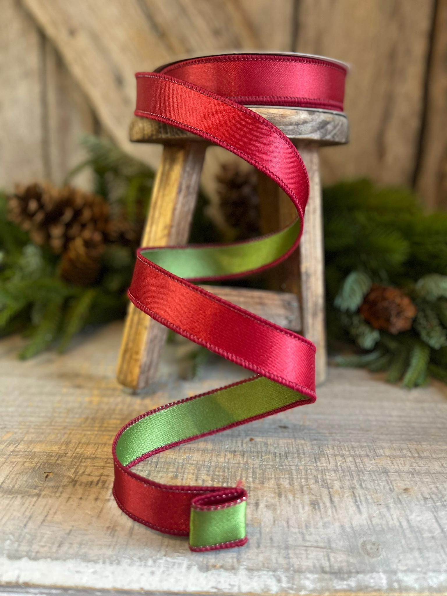 1" Ruby Green Satin Ribbon, Farrisilk Ribbon, Wired Ribbon, Christmas Ribbon, Ruby Red Ribbon, Ruby Forest Green Satin Duo, RS162-03