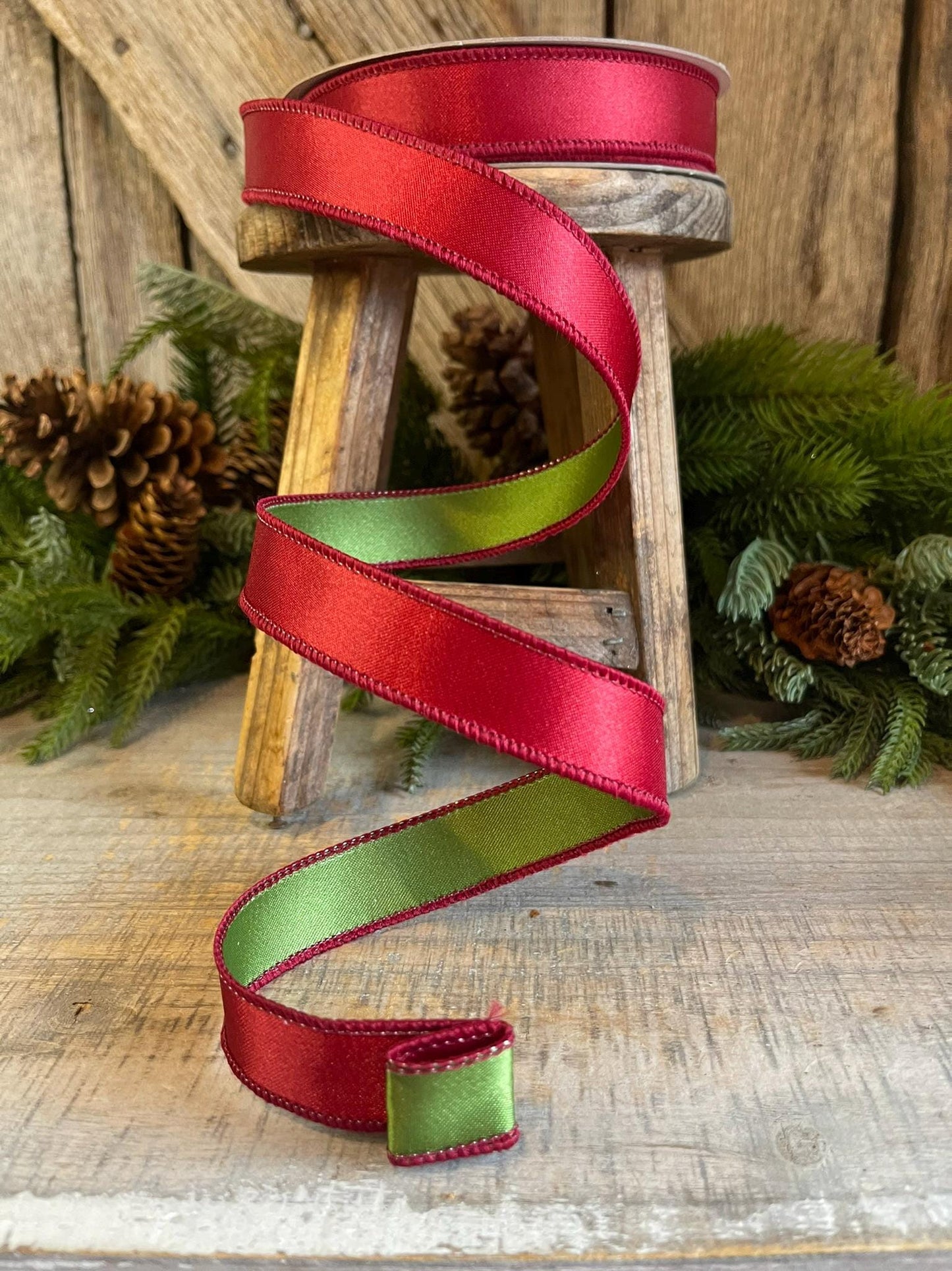 1" Ruby Green Satin Ribbon, Farrisilk Ribbon, Wired Ribbon, Christmas Ribbon, Ruby Red Ribbon, Ruby Forest Green Satin Duo, RS162-03