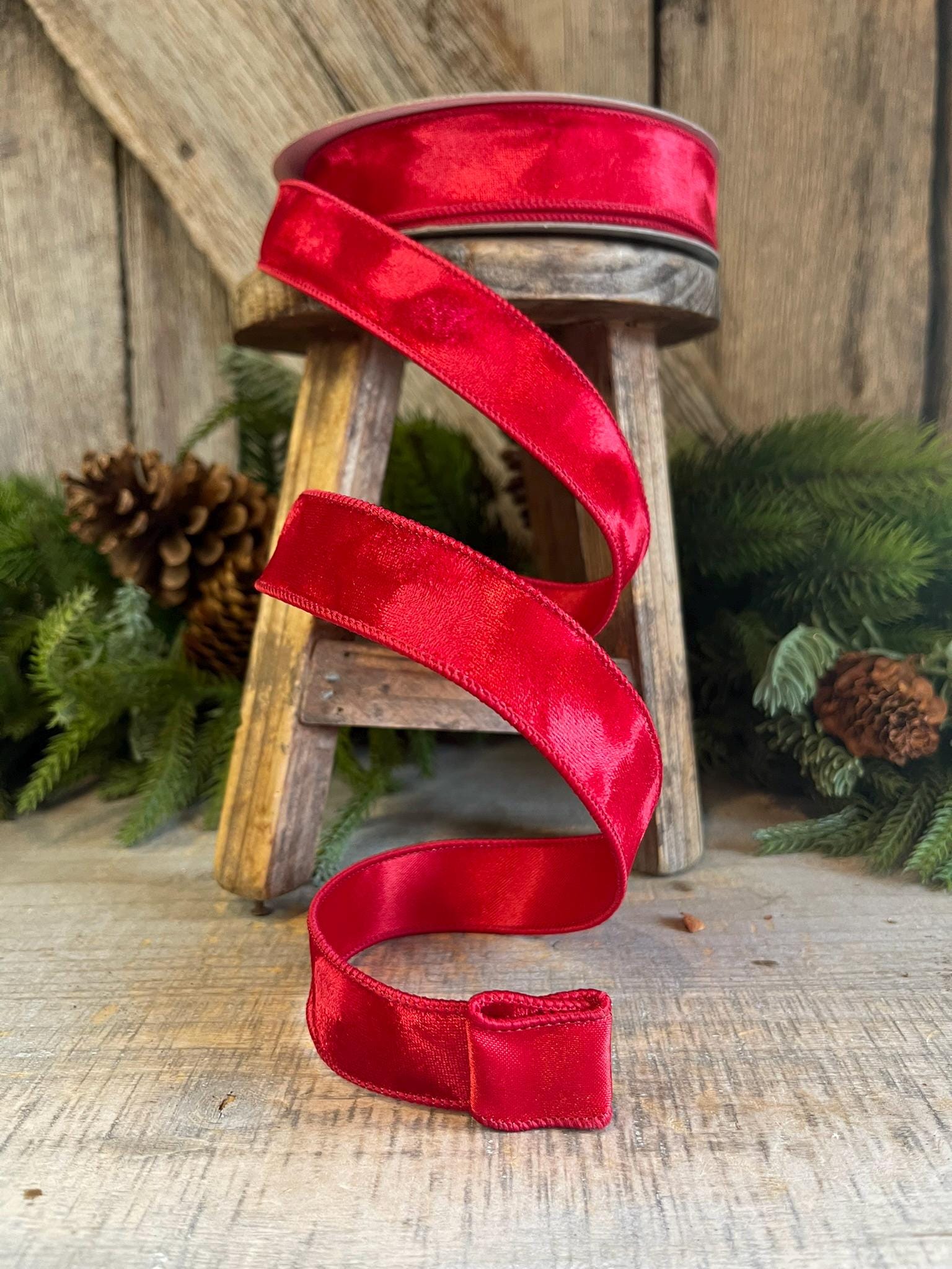 1” Red Silken Velvet Ribbon, Farrisilk ribbon, Velvet ribbon, Christmas Ribbon, Wired Ribbon, Red velvet, Velvet ribbon, Christmas Velvet