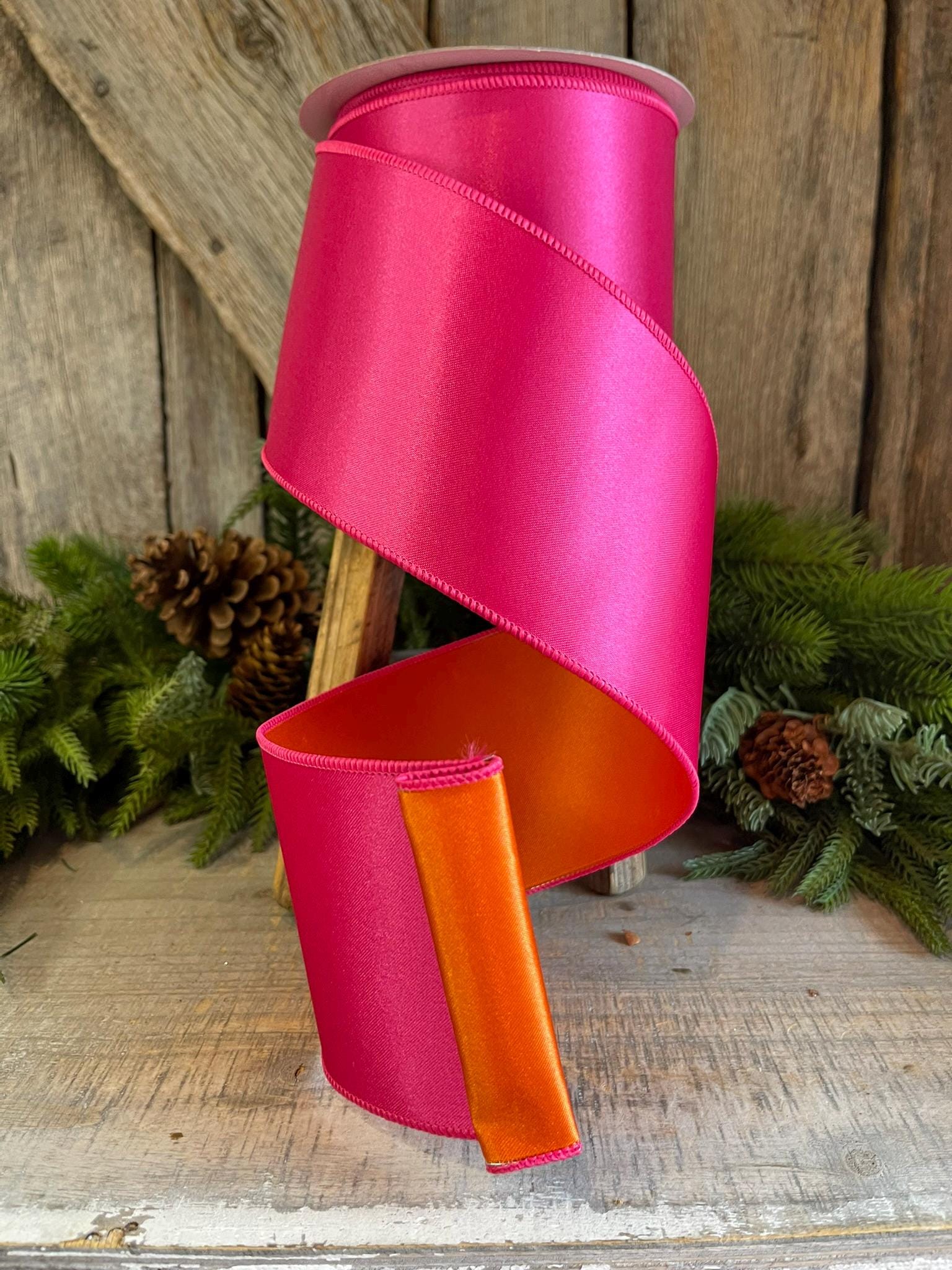 4" Pink Orange Satin Ribbon, Farrisilk Ribbon, Wired Ribbon, Pink Ribbon, Pink Orange Ribbon, Double Sided Ribbon, Christmas, RS164-52