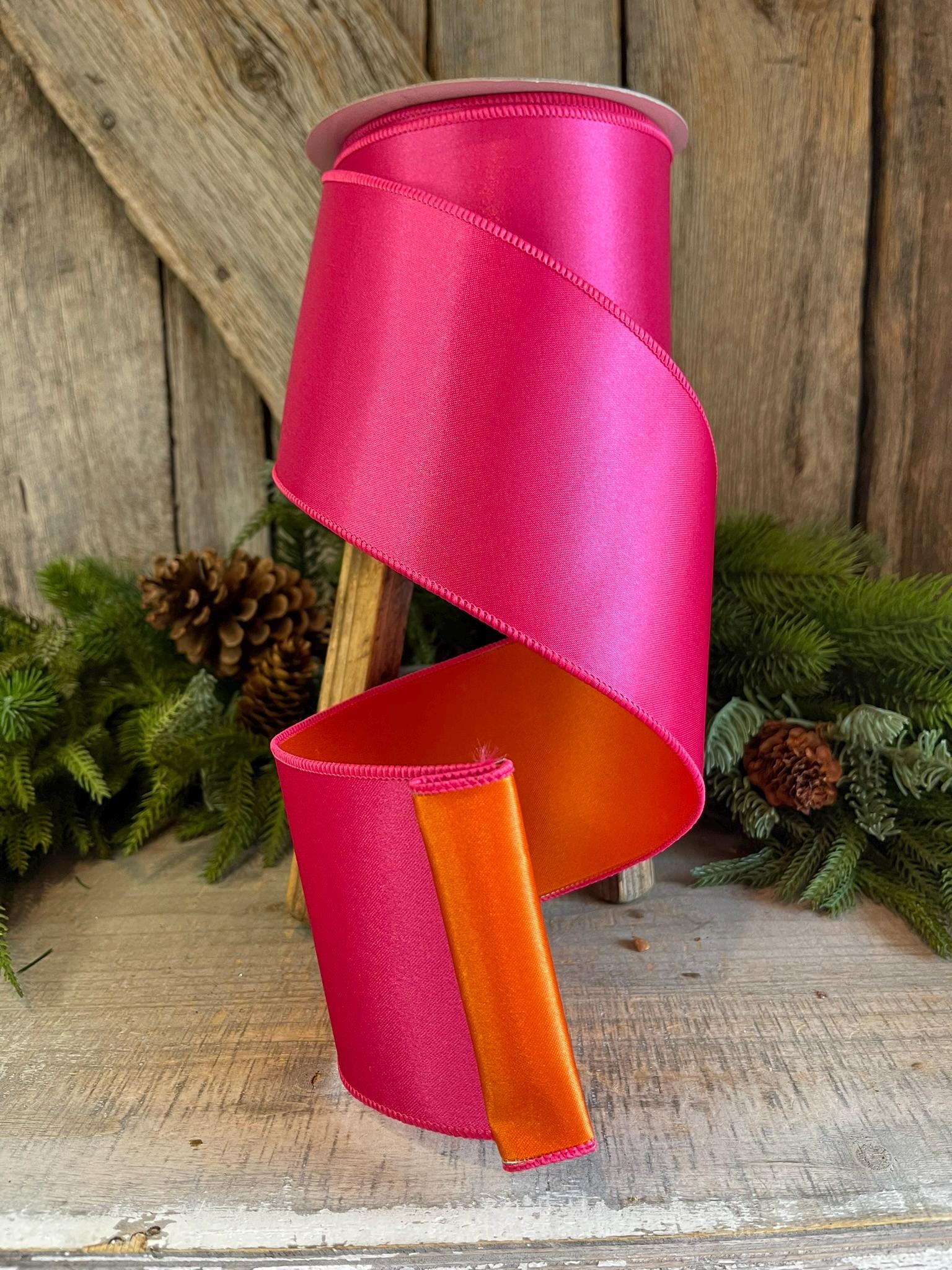 4" Pink Orange Satin Ribbon, Farrisilk Ribbon, Wired Ribbon, Pink Ribbon, Pink Orange Ribbon, Double Sided Ribbon, Christmas, RS164-52